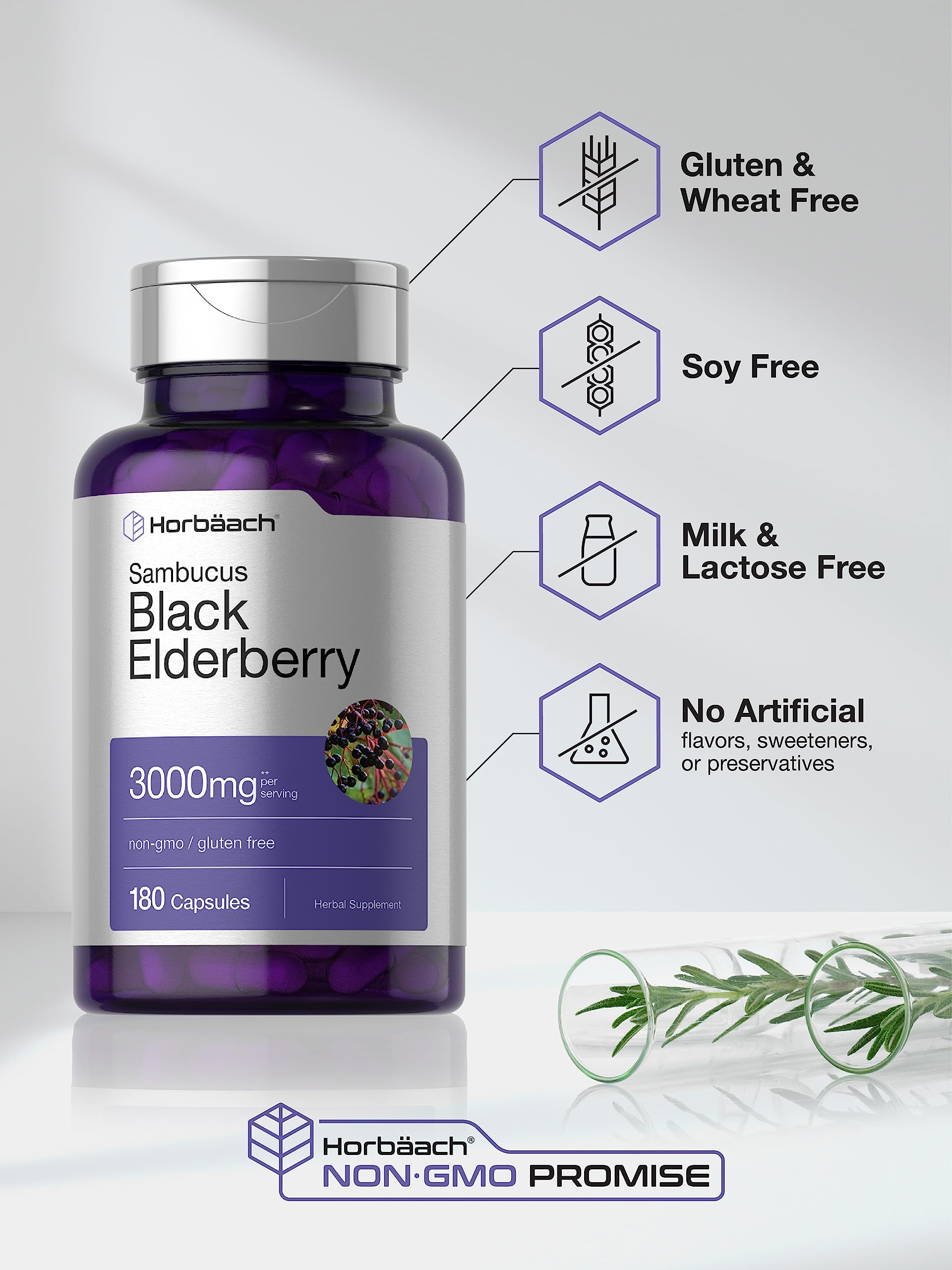 Horbäach Black Elderberry | 180 Count | Non-GMO, Gluten Free | Sambucus Extract Supplement