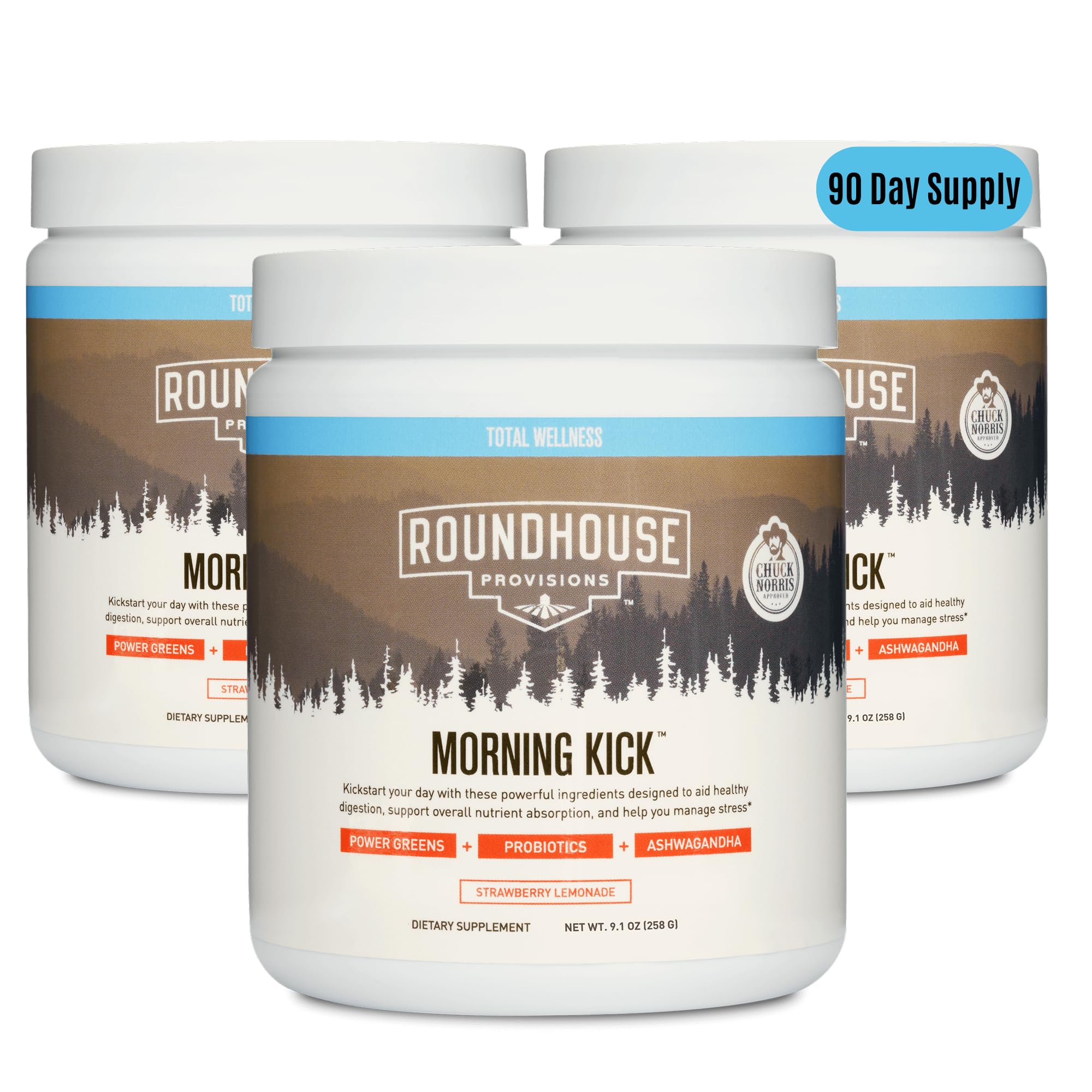 ROUNDHOUSE PROVISION Morning Kick, Greens Superfood Powder Supplement with Ashwagandha, Collagen & Probiotics - Sugar Free, Caffeine Free (3 Pack, Strawberry Lemonade Flavor) by Chuck Norris ROUNDHOUSE PROVISION Au supplements
