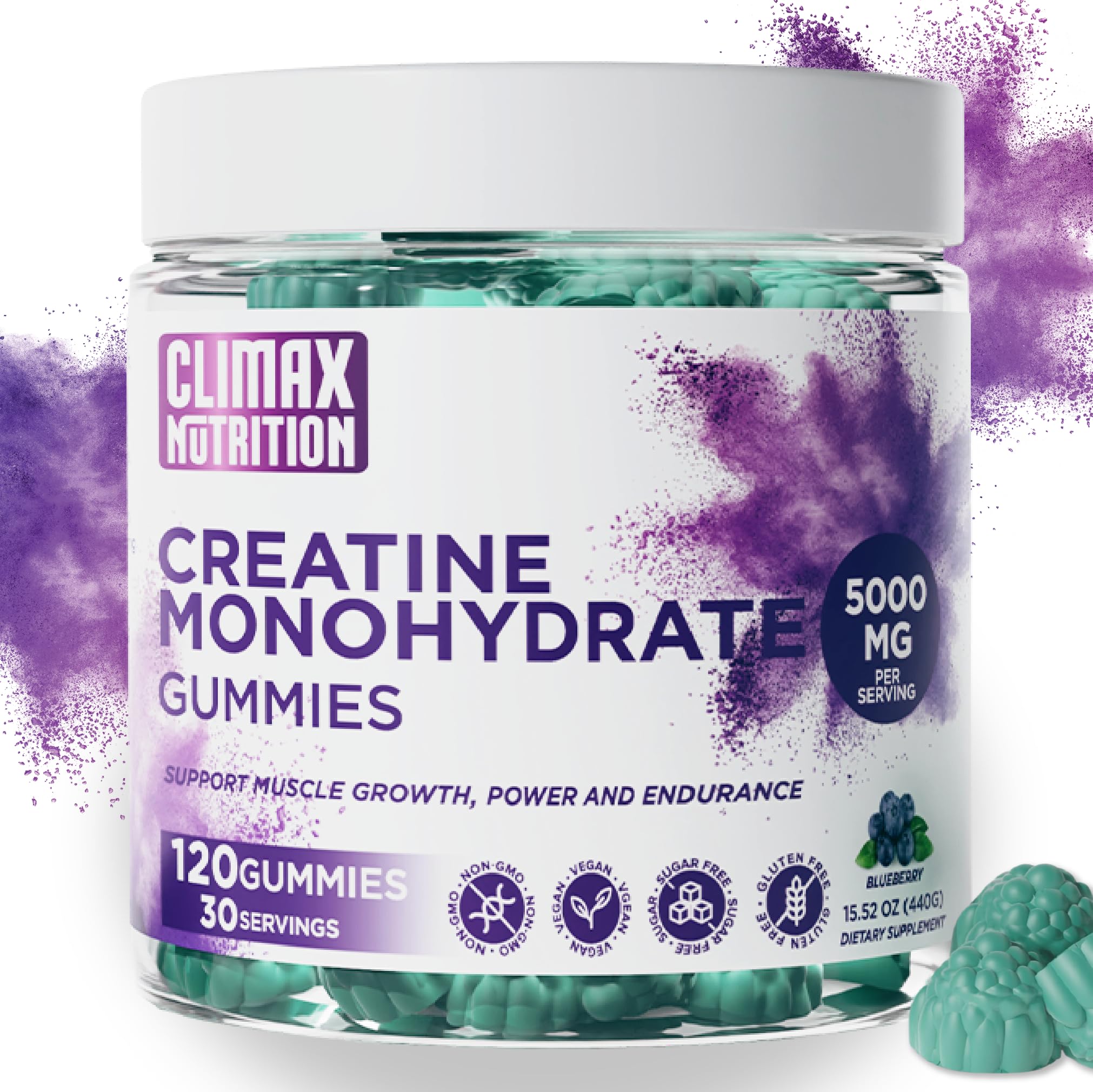Creatine Monohydrate Gummies - Vegan, Sugar-Free, Gluten-Free - Boosts Muscle Recovery, Strength & Lean Muscle Growth - Brain Health Support - for Men & Women - Blueberry Flavor - 120 Gummies CLIMAX NUTRITION Au supplements