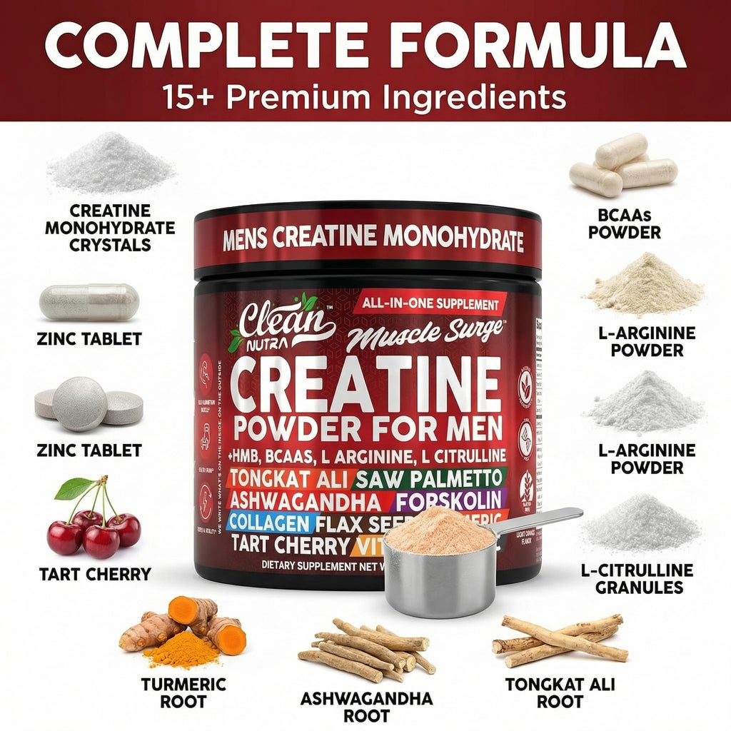 Clean Nutra Creatine Powder for Men + HMB BCAA L Arginine L Citrulline Tongkat Ali Saw Palmetto Ashwagandha Collagen Flax Seed Turmeric Preworkout Stevia