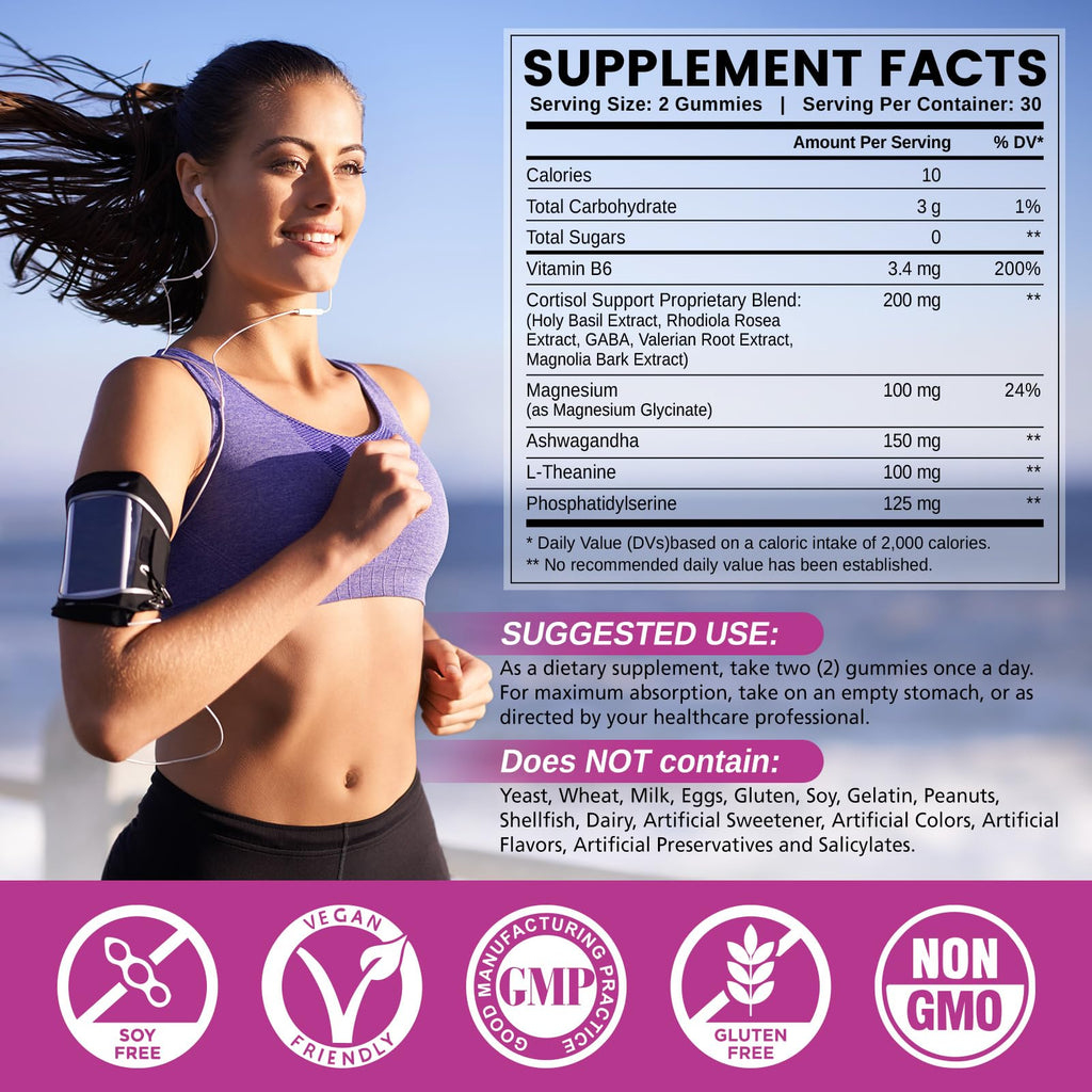 HOLLEGEND Cortisol Supplements for Women Men, Cortisol Gummies with Ashwagandha, Magnesium, L-Theanine, Phosphatidylserine, B6 for Cortisol Detox, Relaxation, Sleep, Focus, Sugar-Free, Vegan, 60 HOLLEGEND Au supplements