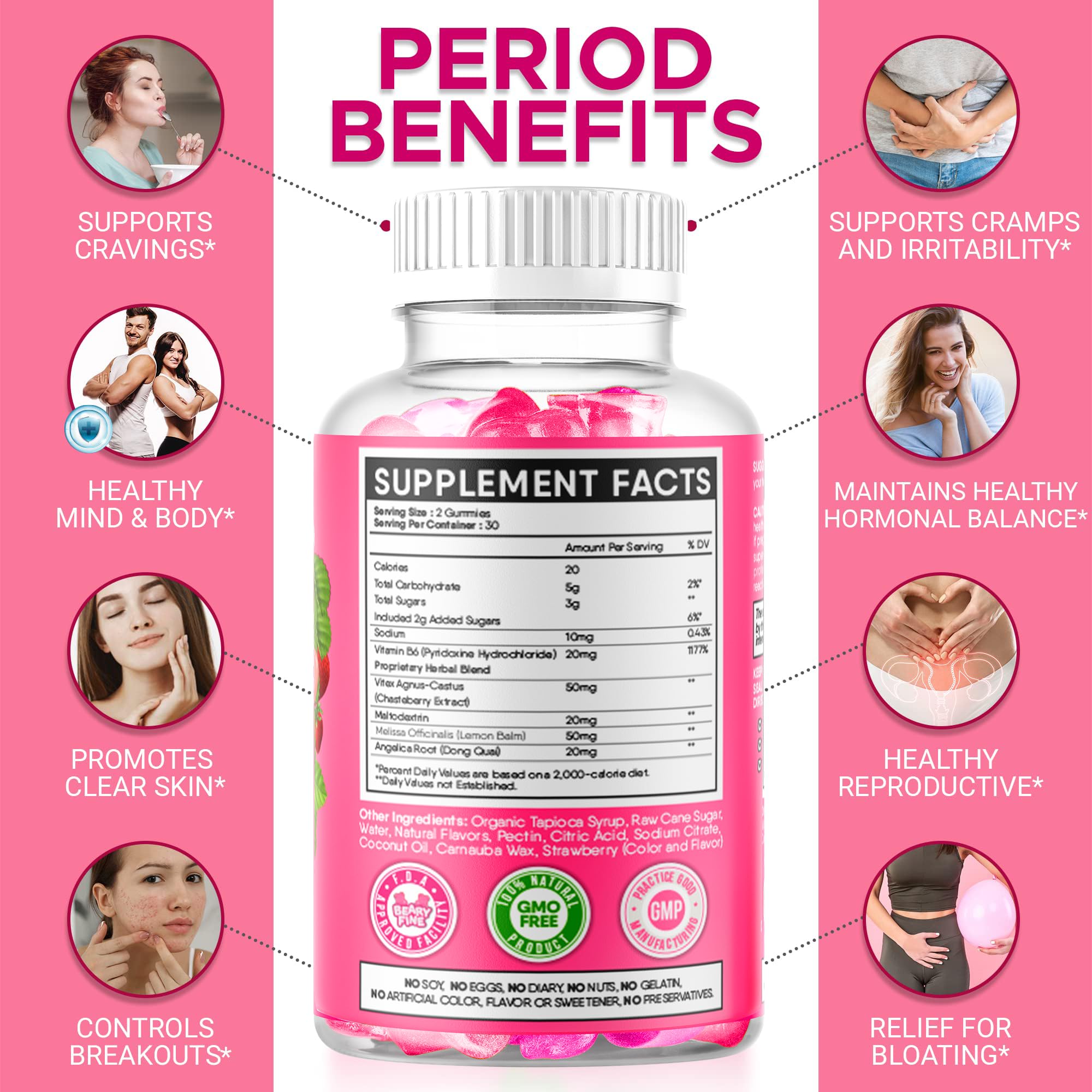Beary Fine PMS Gummies - PMS Vitamins for Women & Teens - PMS Period Relief - Cramping, Bloating, Mood Swings - Made in The USA (Strawberry, 60 Count) Beary Fine Au supplements