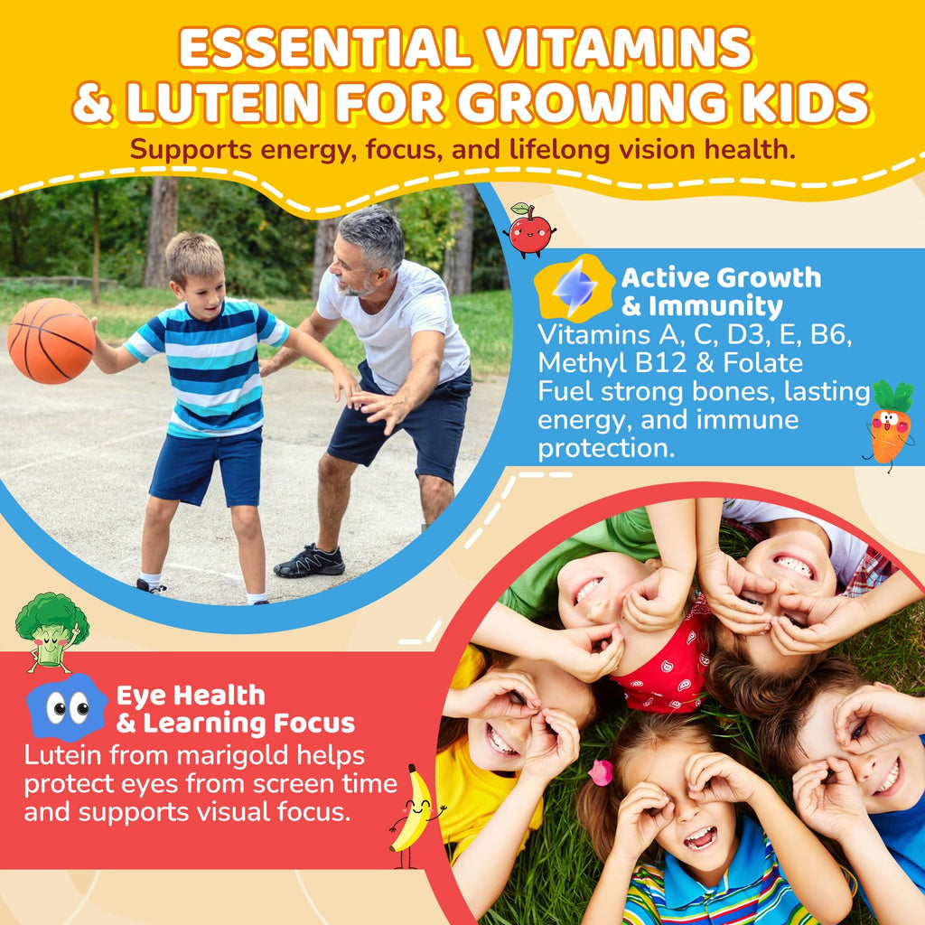 Kids Probiotic + Prebiotic Fiber Gummies 5G, 12 Billion CFU Probiotic & Veggie Fruit Fiber, w/ Organic Inulin, Methyl B12 B6 D3 C, Lutein for Children's Digestive & Gut,