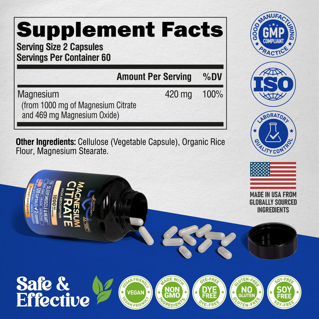 Magnesium Citrate Capsules 1000mg | High Absorption Supplement - Sleep, Muscle & Heart Support - Vegan | Non-GMO - Made in USA - As Powder