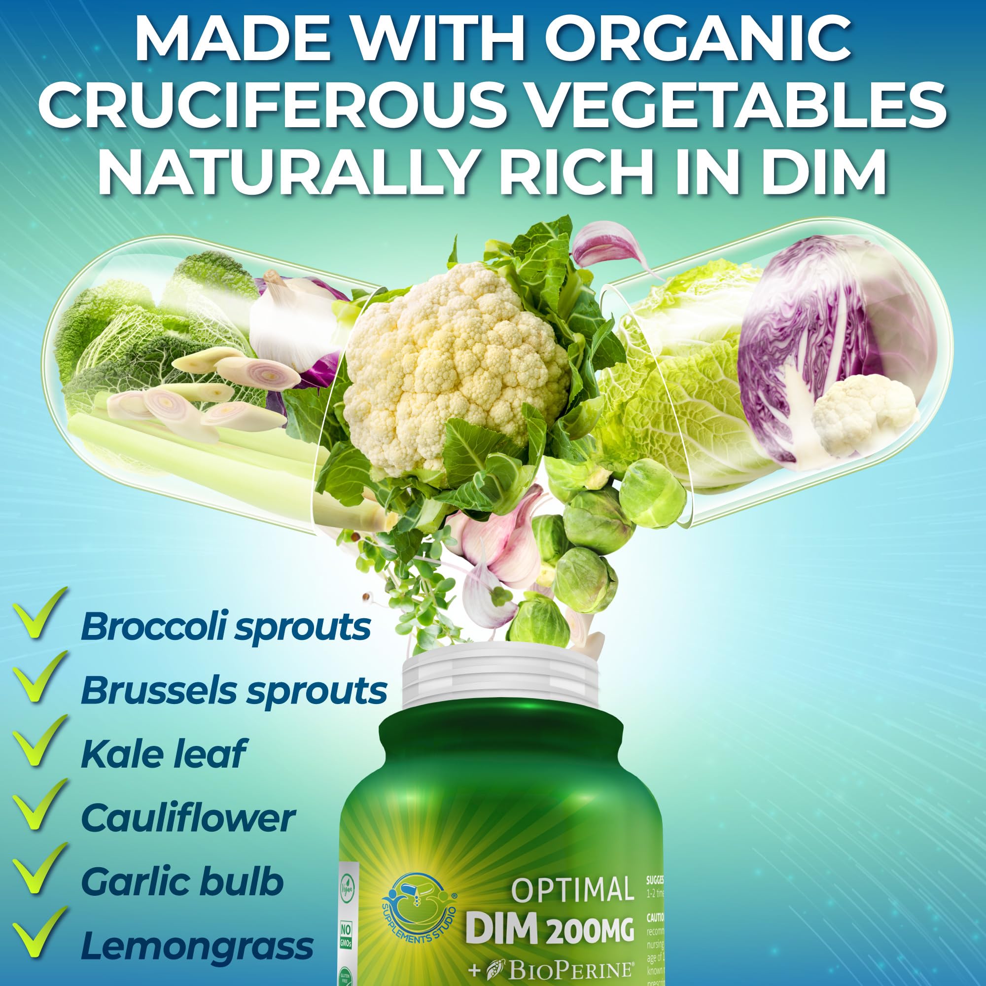 Optimal DIM 200mg Supplement for Women and Men - Made with Organic Whole Foods - Estrogen & Hormone Balance Support Diindolylmethane Complex - Maximum Absorption Delayed-Release Capsules - 60 Count SUPPLEMENTS STUDIO Au supplements