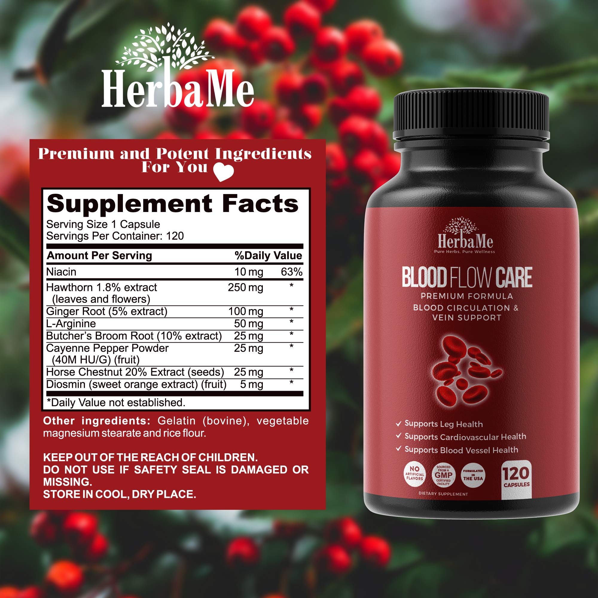 HerbaMe Blood Circulation Supplement, 120 Capsules, Supports Leg Vein, Heart, Vessels and Cardiovascular Health with Niacin, L-Arginine, Ginger, Cayenne Pepper