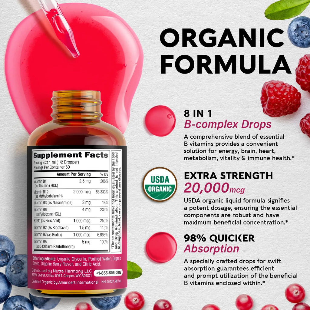 USDA Organic Vitamin B Complex Liquid Drops - 8-in-1 B Complex Vitamins: B1, B2, B3, B5 NUTRAHARMONY Au supplements