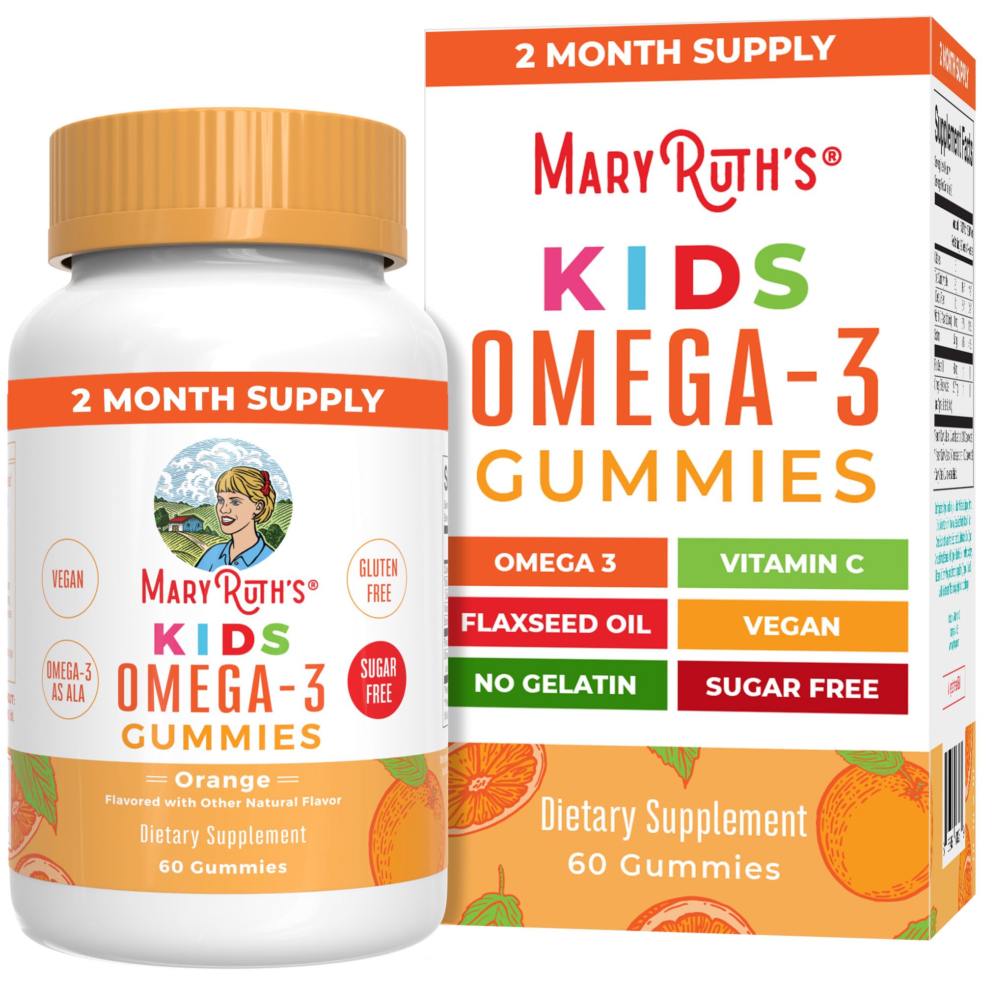 MARYRUTH'S Vegan Omega 3 Gummies for Kids 2+, 2 Month Supply, Sugar Free, Omega 3 Supplement with Vitamin C, Flaxseed Oil, Immune Support