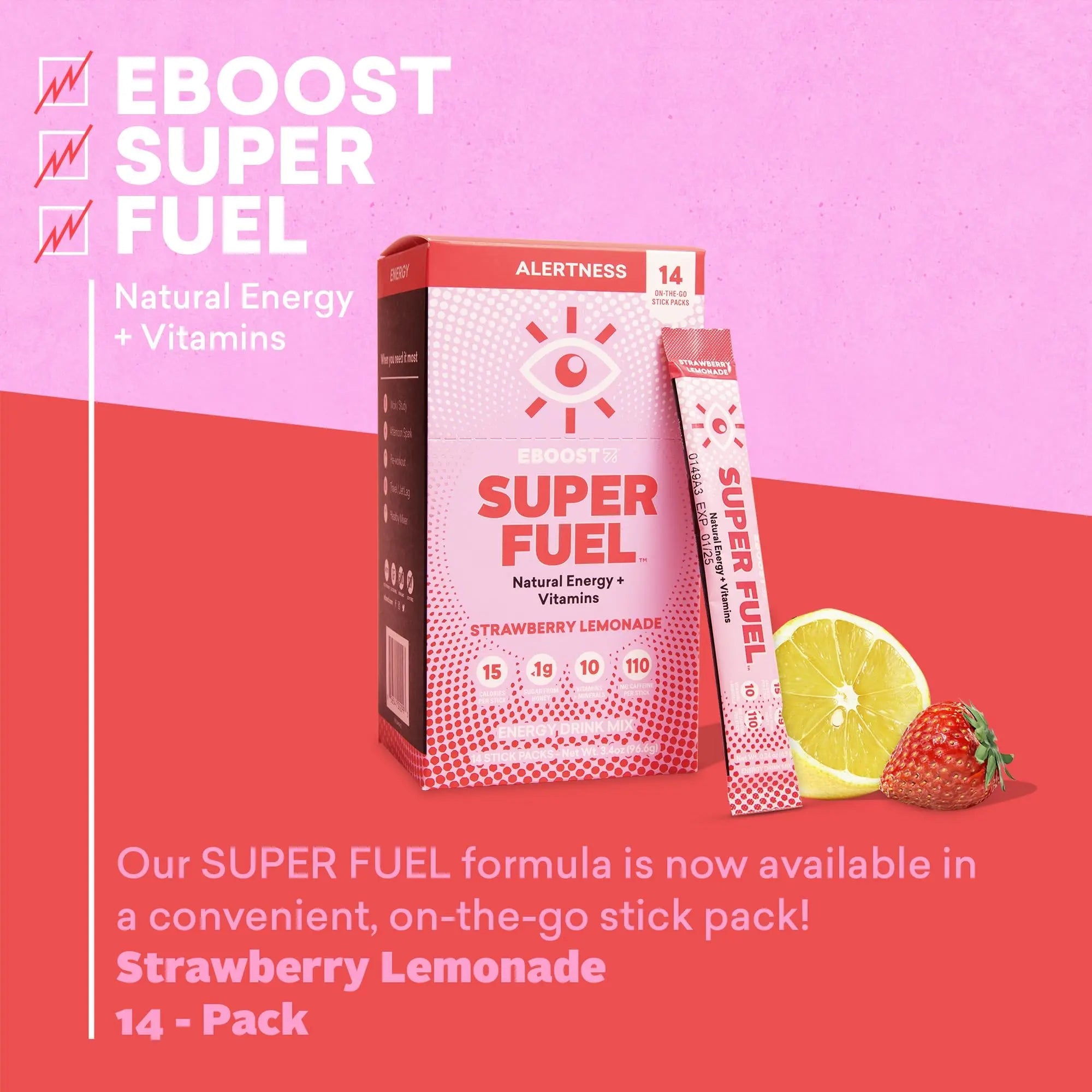 EBOOST Energy Drink Powder, Super Fuel - Strawberry Lemonade, 14 Packets - Pre-Workout EBOOST Au supplements