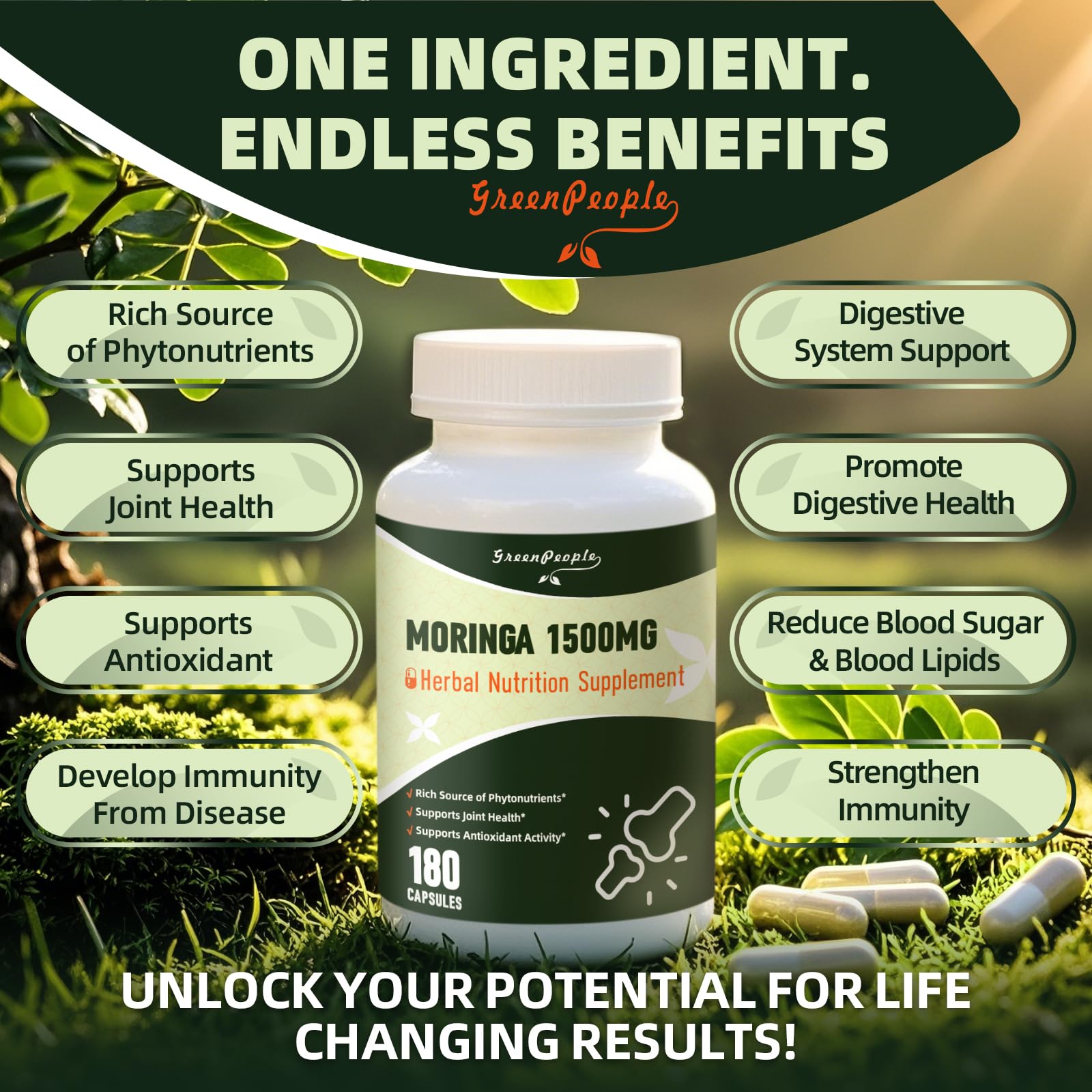GREENPEOPLE Whole-Leaf Moringa Capsules 1500mg - High Potency 10:1 Moringa Oleifera Leaf Extract - Natural Green Superfood for Energy & Immune Support