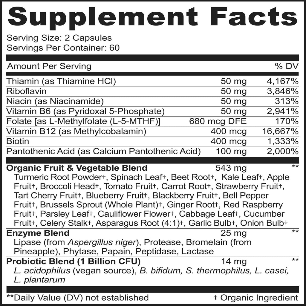MoxyVites Vitamin B Complex - B Vitamins Whole Food Supplement, B12 Methylcobalamin, B1, B2, B3, B5, B6, B7, B9 - for Stress