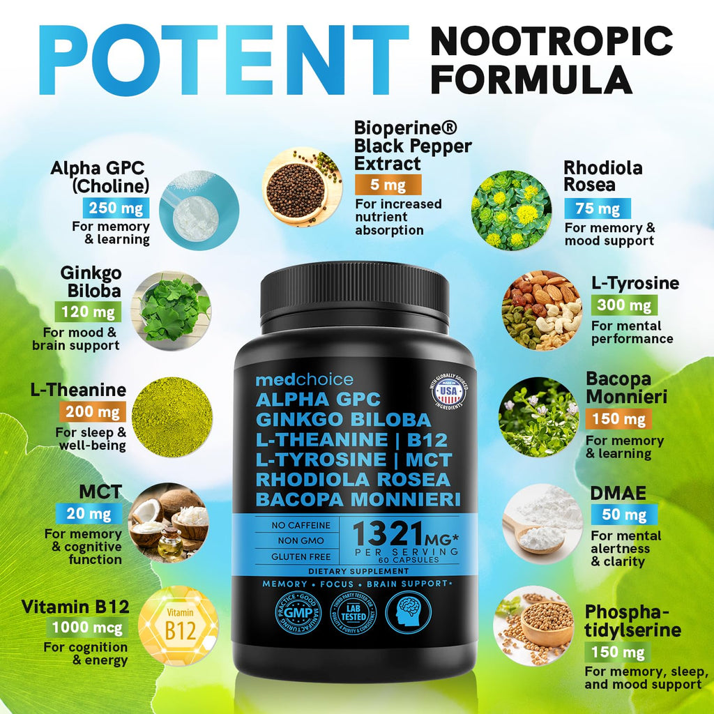 12-in-1 Nootropic Brain Supplement Anhydrous: Ginkgo Biloba for Brain Support, Memory and Focus - B12, Alpha GPC, L Theanine and Choline Supplements with Bioperine Non Caffeinated 1321mg (60ct) MEDCHOICE Au supplements