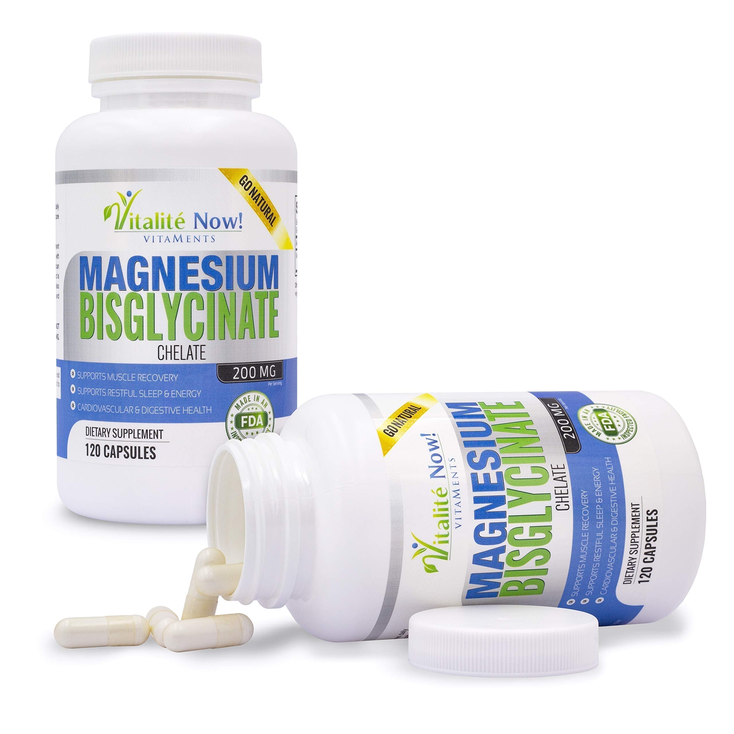 Vitalité Now! Magnesium Bisglycinate 200mg - 100% Chelated Capsules for Superior Absorption - Gentle Formula, No Laxative Effect - Sleep Energy Cramps Muscle Support - Fully Reacted & Buffered Vitalité Now! Au supplements