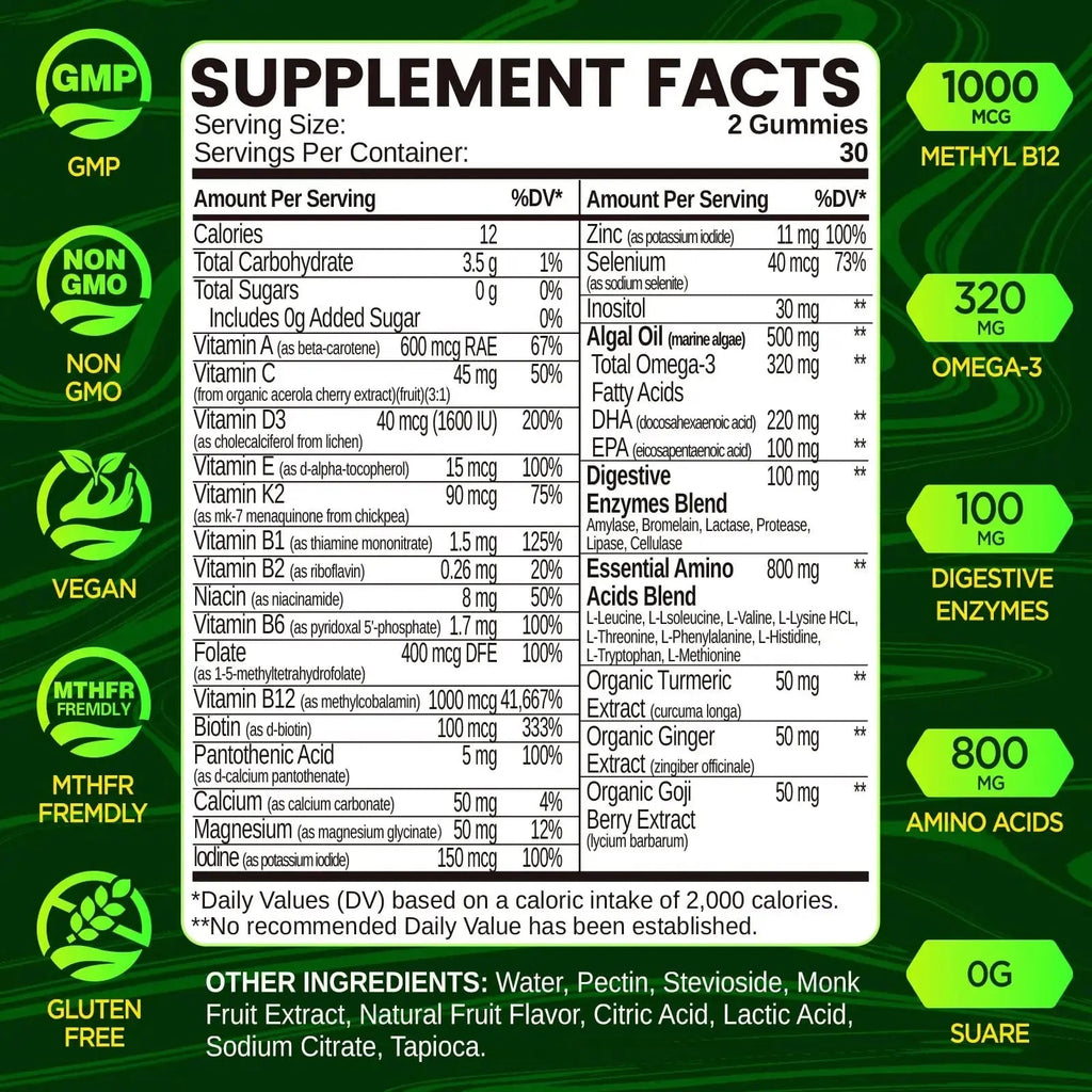 Methylated Multivitamin for Men Gummies, Men`s Multivitamins Gummies with Vitamin B Complex, A, C ,D3, E, K2, Calcium, Magnesium, Omega-3 NATISLAND Au supplements