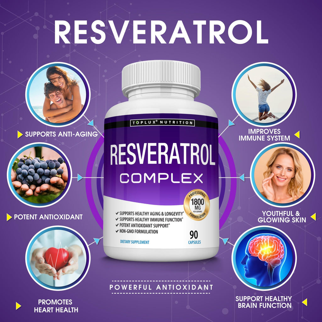 Resveratrol Supplement 1800 mg Antioxidant Complex - Highly Potent Natural Trans-Resveratrol Pills for Healthy Aging, Overall Health Support, Immune System