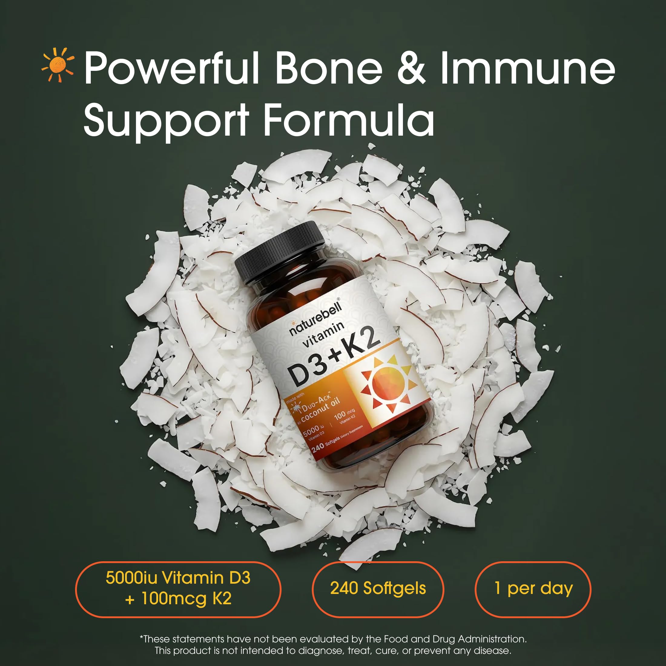 NatureBell Vitamin D3 K2-240 Softgels - 5,000 IU Vitamin D3 & 100mcg Vitamin K2 MK-7 - with Virgin Coconut Oil - Bone, Heart & Immune Health Support