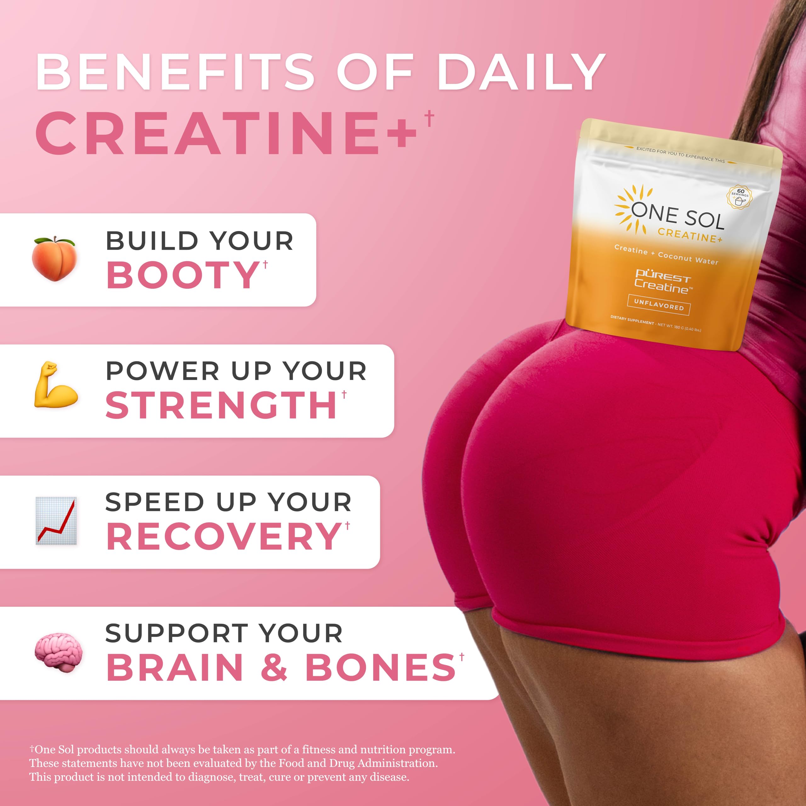 One Sol Creatine for Women, All Natural Women's Creatine Powder w Pure Creatine & Coconut Water, Increase Lean Muscle Mass, Reduce Recovery Time, Promotes Brain & Bone Health (Unflavored, 60 Servings)