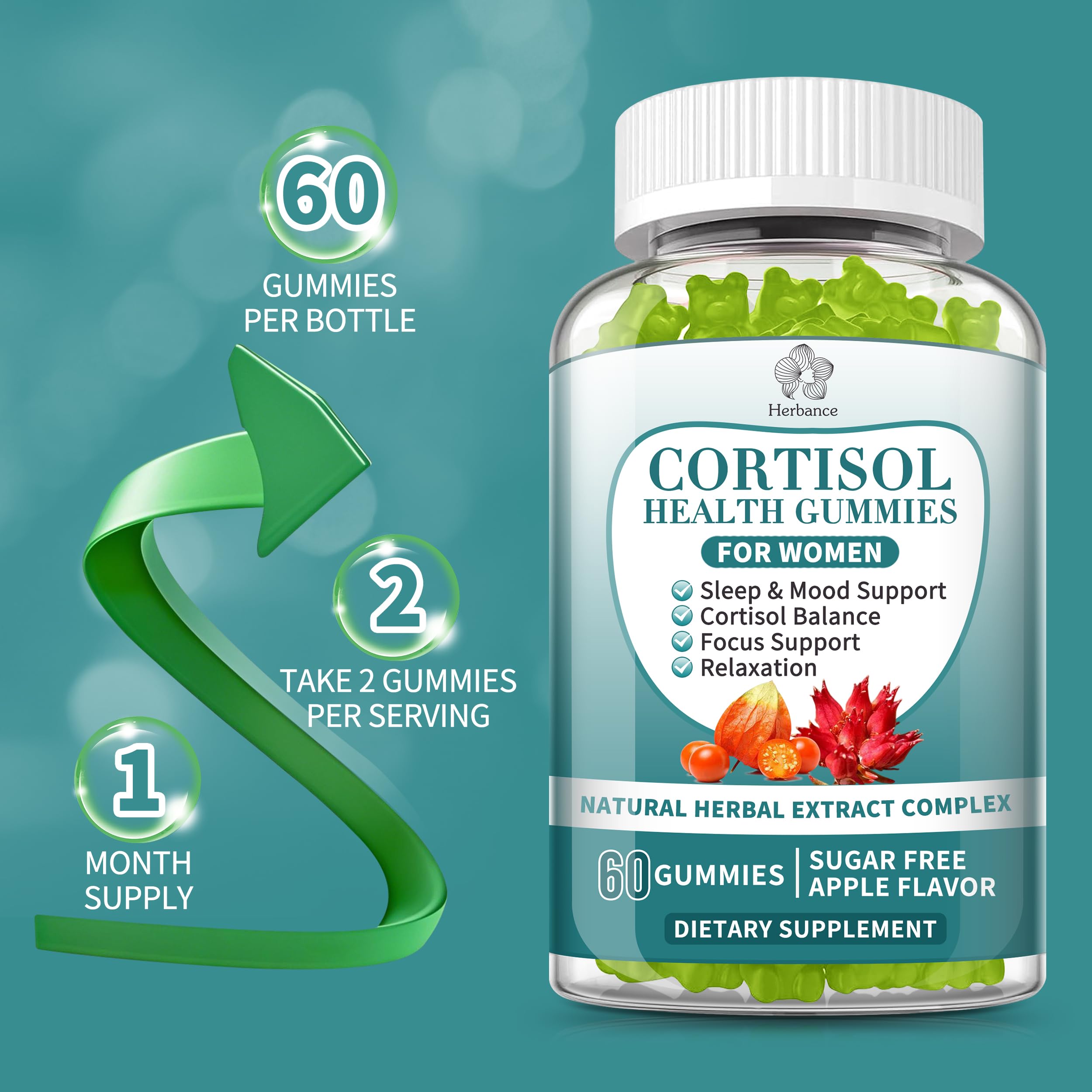 Cortisol Supplements Gummies for Women, Cortisol Reducer w.Ashwagandha Rhodiola Rosea Magnesium L-Theanine Phosphatidylserine Black Peper, Hormone Balanced & Lower Cortisol - 30 Day Vegan Supply Herbance Au supplements