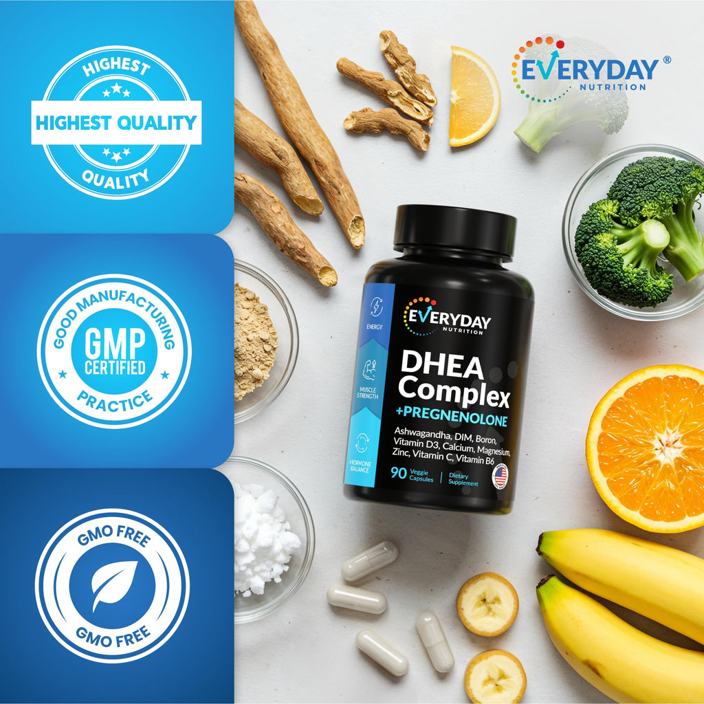 DHEA Micronized 200mg Complex with Pregnenolone 100mg Supplement for Men & Women with Ashwagandha, DIM, Magnesium, Boron, Calcium , Zinc, Vitamin D3, C and B6 Hormone Support - Made in USA 90 Capsules EVERYDAY NUTRITION Au supplements