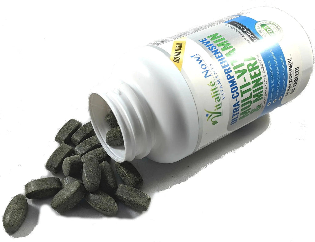 Vegan Whole Food Multivitamin & Mineral - Vitamins A B1 B2 B6 B12 C D3 E & 110 Super Foods, Herbs, Greens & Reds Vitalité Now! Au supplements