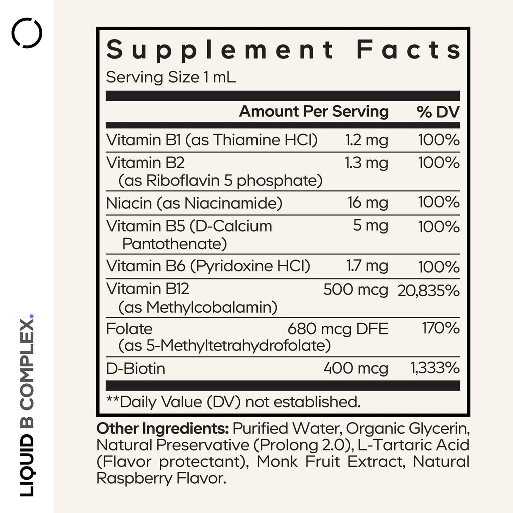 Codeage Liquid B-Complex Supplement with 8 Forms of Vitamin B - Vitamin Thiamine B1, Riboflavin B2, B3, B5, B6, Biotin B7, Active Methylated B9 Folate & B12 - Raspberry Flavor - Non-GMO - 1 fl oz Codeage Au supplements