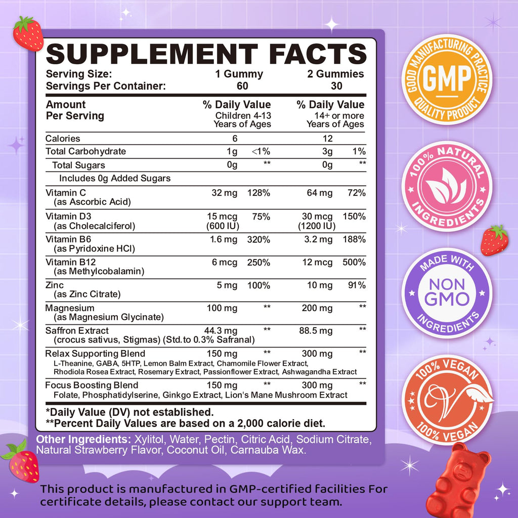 Saffron Gummies for Kids & Adults, 20-in-1 Saffron Supplements with 88.5mg Saffron Extract, B6, B12, C, D3, Magnesium for Calm, Focus, Nerve, Sugar Free, Vegan