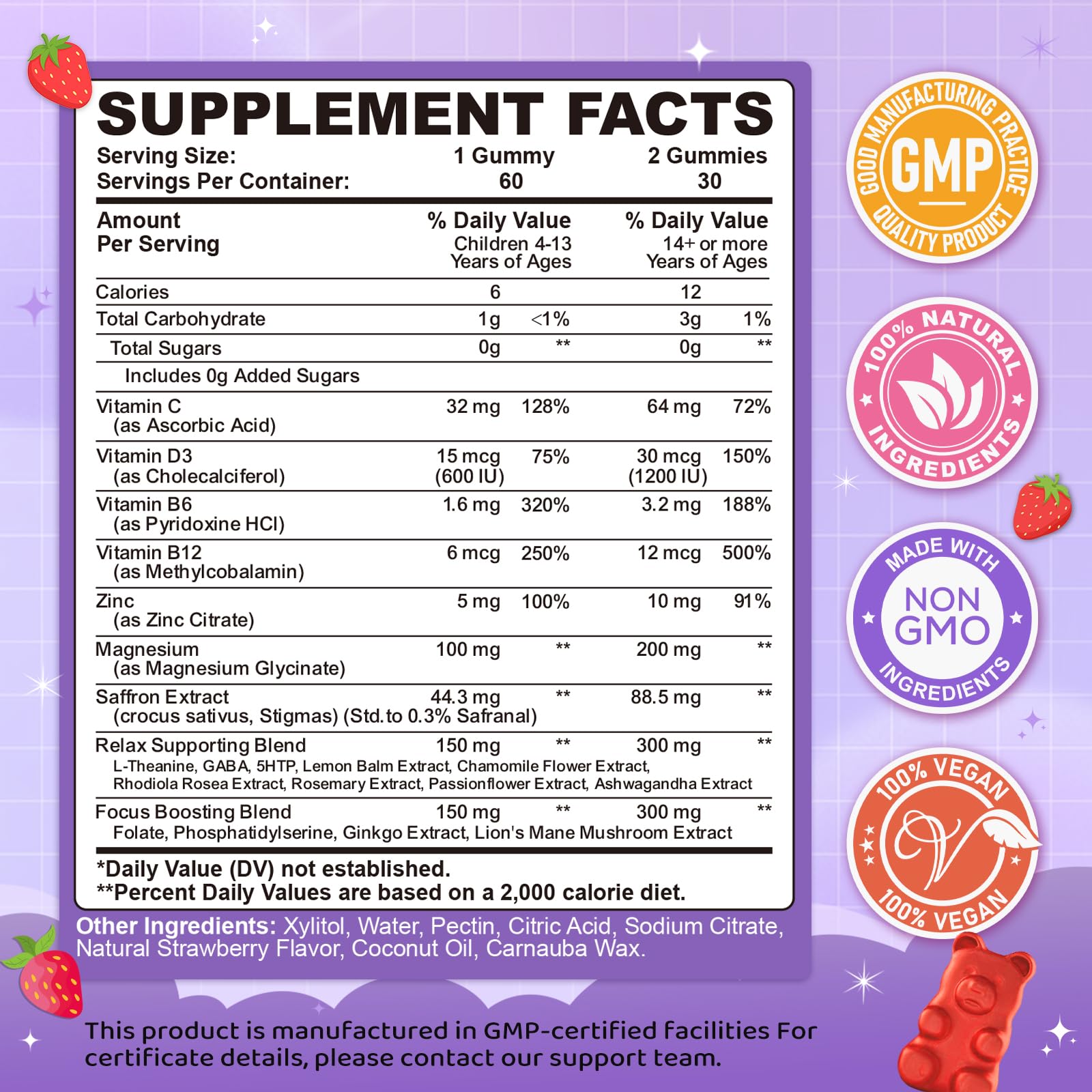 Saffron Gummies for Kids & Adults, 20-in-1 Saffron Supplements with 88.5mg Saffron Extract, B6, B12, C, D3, Magnesium for Calm, Focus, Nerve, Sugar Free, Vegan