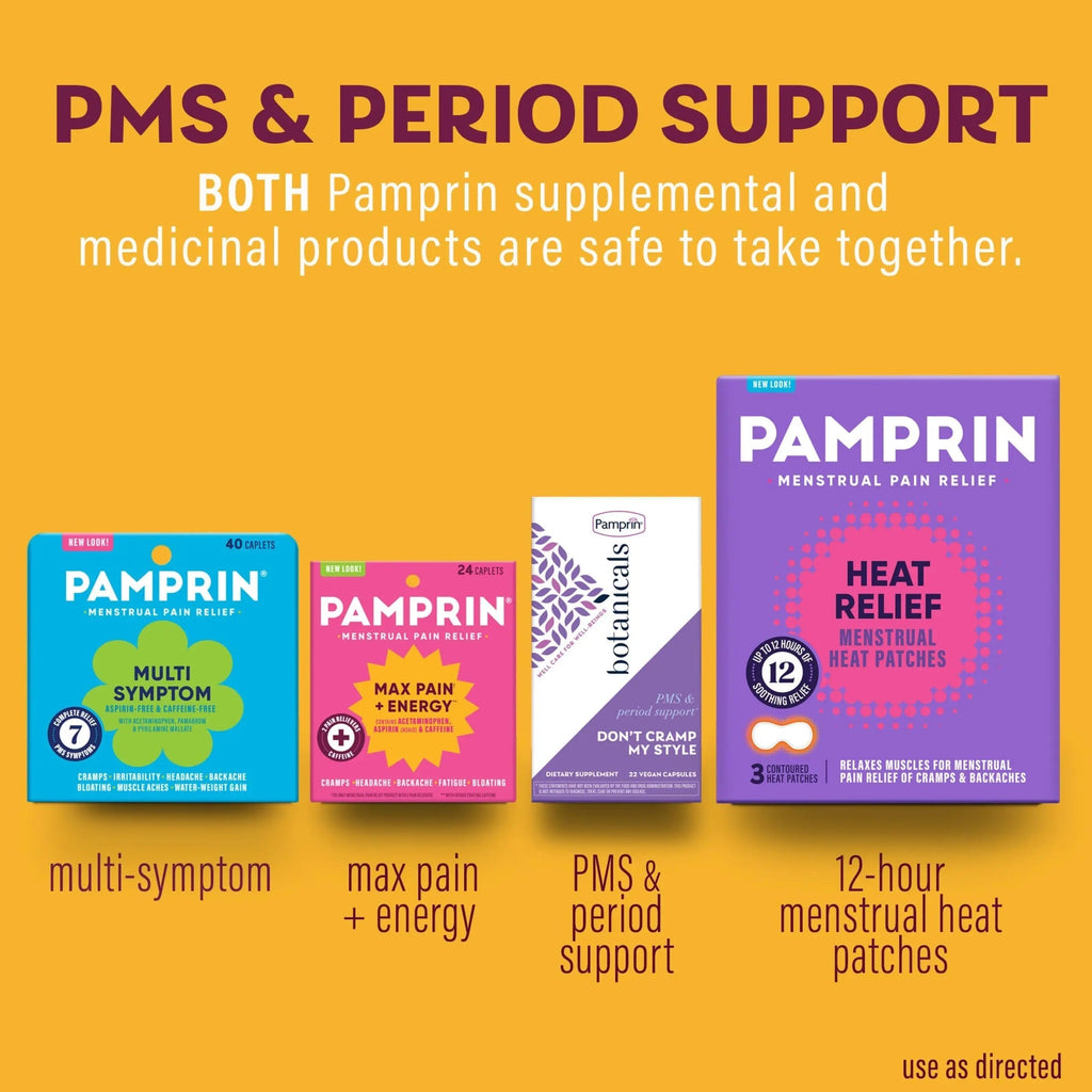 Pamprin Maximum Strength Max Pain and Energy Formula, Menstrual Period Symptoms Relief for Cramps, Bloating and Fatigue, 24 Caplets Pamprin Au supplements