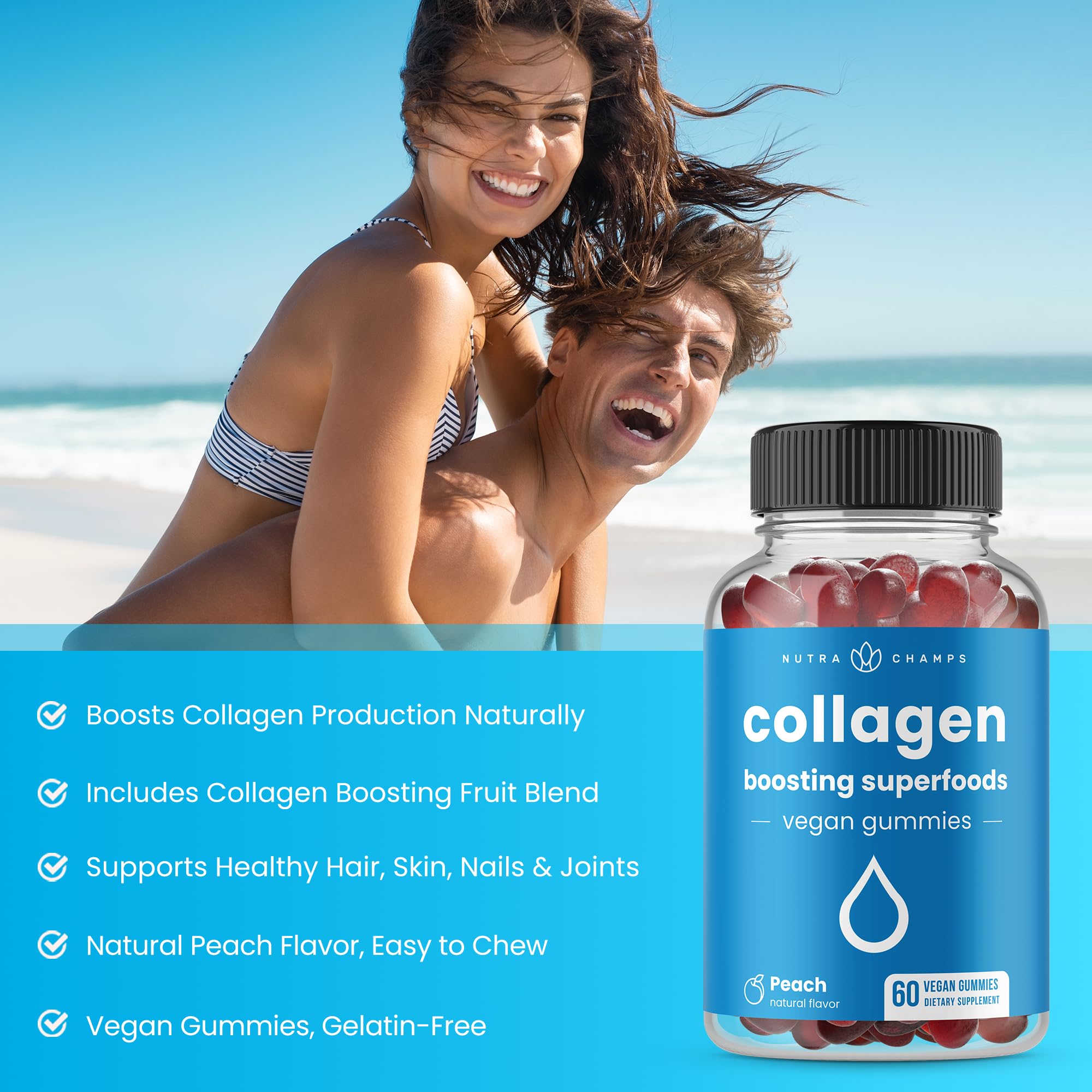 NutraChamps Collagen Boosting Gummies, Collagen Booster Gummy for Natural Collagen Production, Vegan Pectin Supplements Chews for Women & Men,