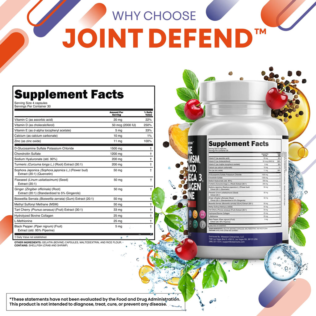 Clean Nutraceuticals Glucosamine 1500mg Chondroitin 1200mg MSM with Turmeric Curcumin, Collagen, Hyaluronic Acid, Omega 3 – Joint Health Supplement for Men & Women