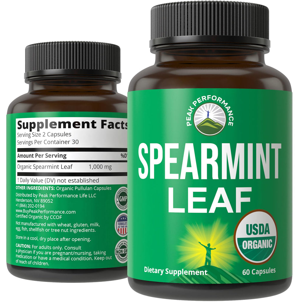 Peak Performance USDA Organic Spearmint Capsules. Organic Vegan Spearmint Leaf Pills for Digestive Support, Ingestion, and More. USA Tested Supplement for Women and Men. Peak Performance Au supplements