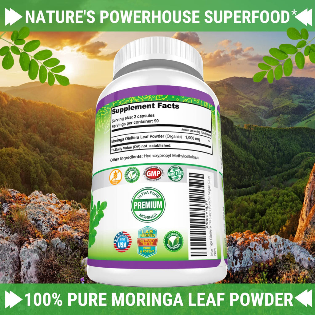 FRESH HEALTHCARE Moringa Capsules – 100% Pure Leaf Powder - 180 Pills, Non-GMO - 3 Month Supply - Complete Green Superfood for Energy