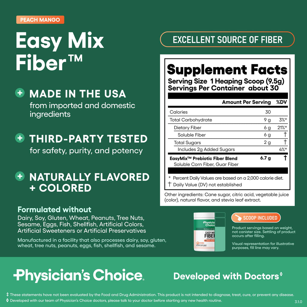 Physician's CHOICE Easy Mix Fiber for Digestive Health & Regularity - No Grit - Daily Prebiotic Soluble Fiber Powder Supplement