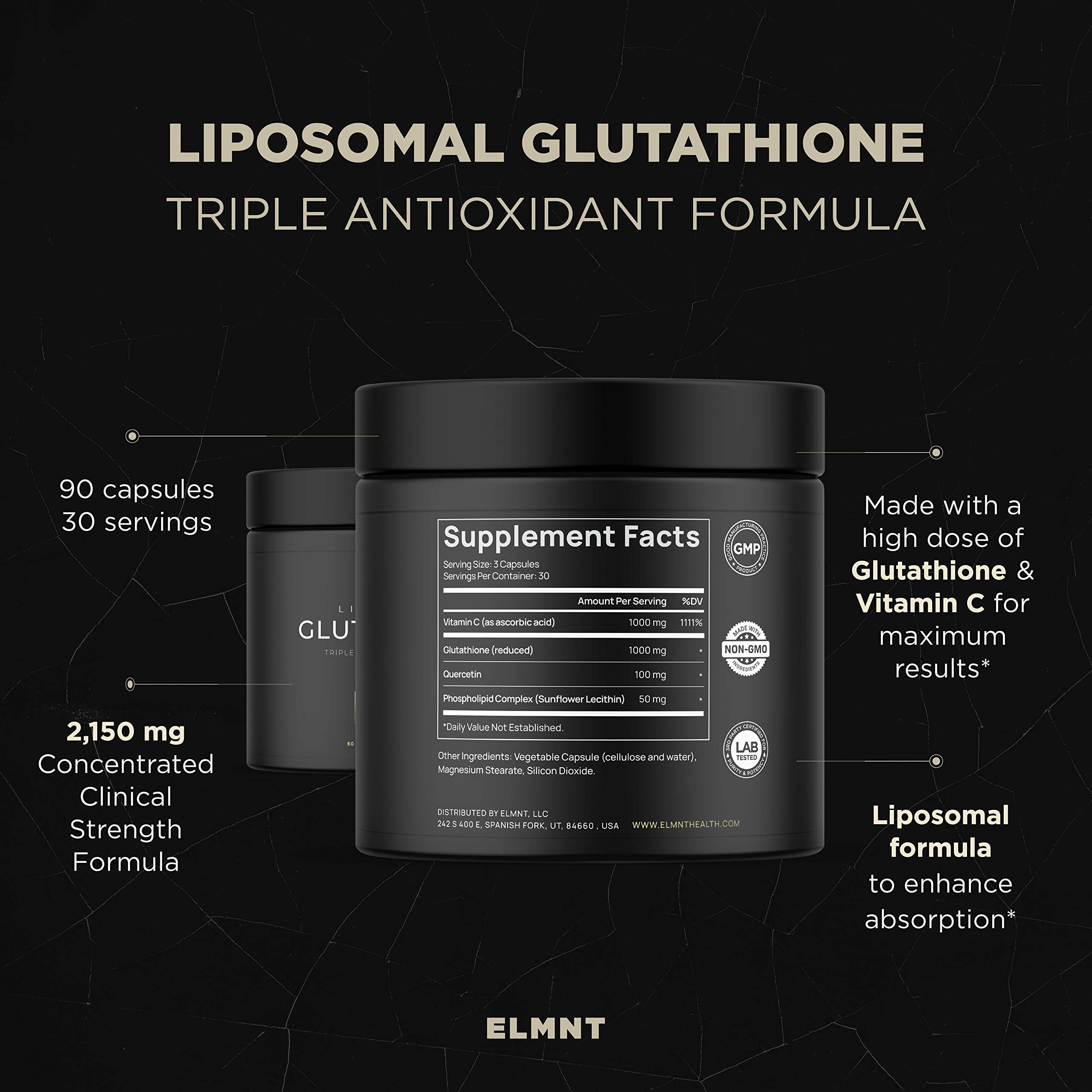2150mg Super Liposomal Glutathione Supplement w. Vitamin C, Quercetin & Pure L Glutathione 2000mg Triple Action Formula Glutathione Liposomal Supplement