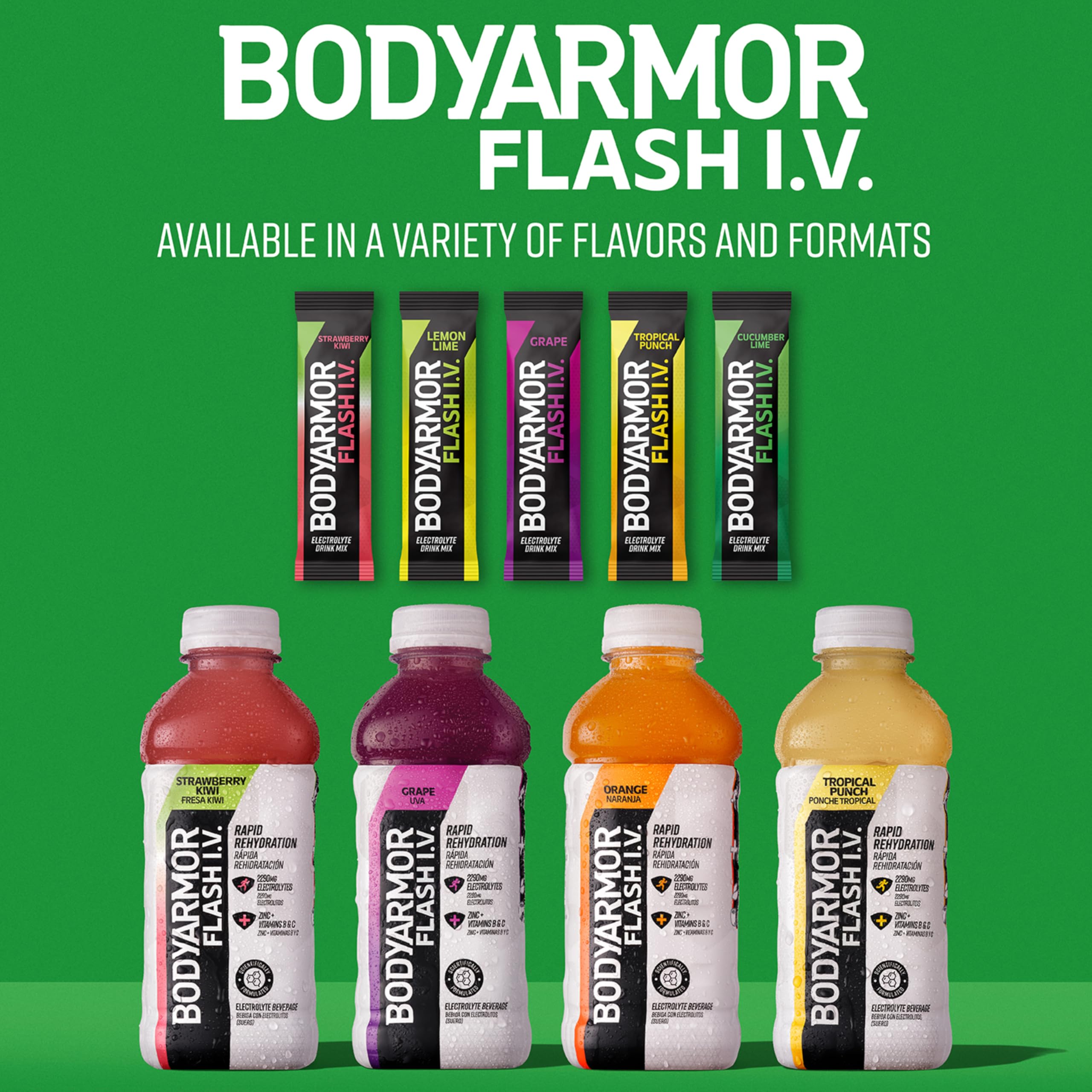 BODYARMOR Flash IV Electrolyte Packets, Strawberry Kiwi - Zero Sugar Drink Mix, Single Serve Packs, Coconut Water Powder (6 Count)