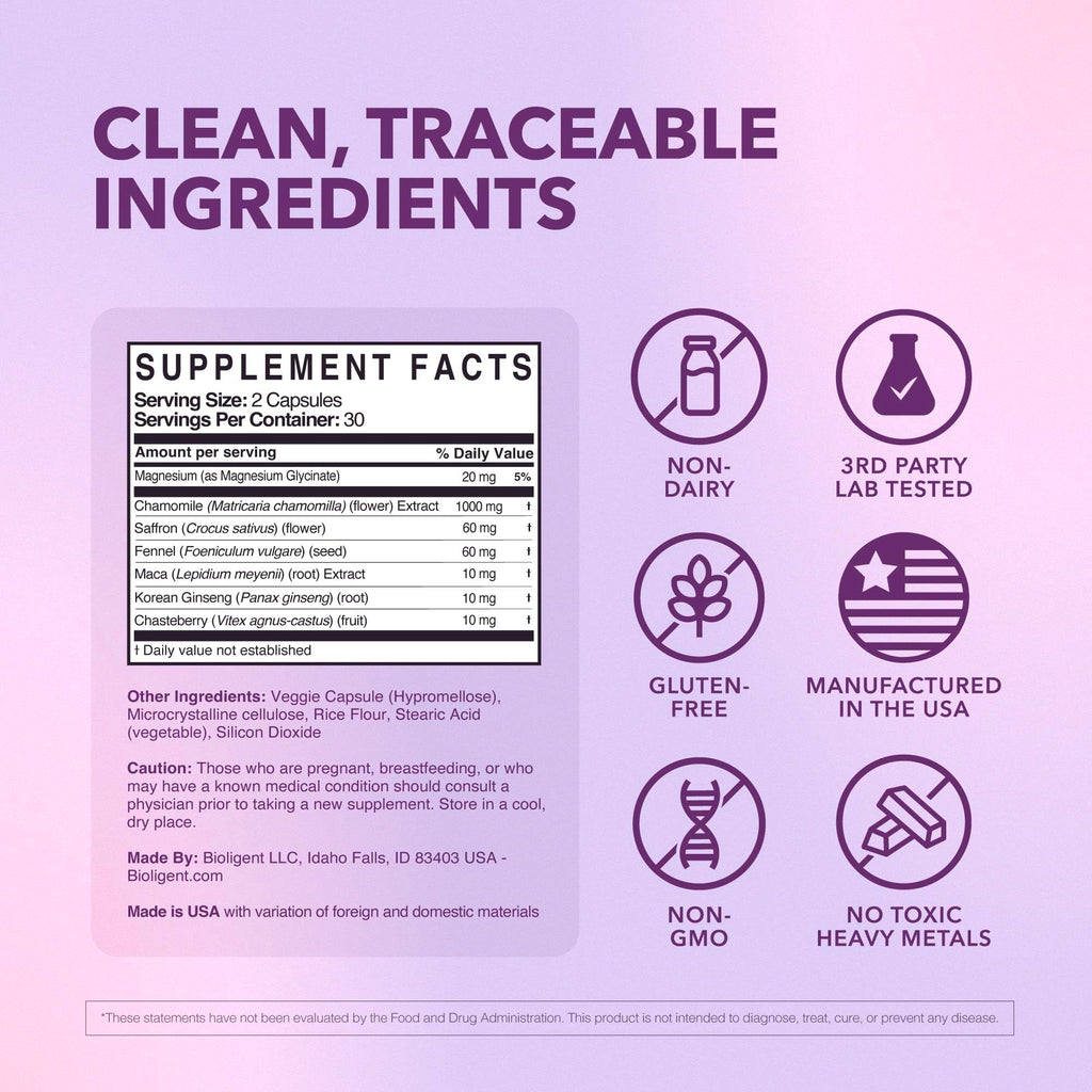 Bioligent Menopause Support Supplement for Women, Hot Flash, Sleep, Mood & Focus Support, Hormone-Free with Maca, Ginseng, Chamomile & Saffron, Non-GMO, 60 Capsules, 30 Day Supply BIOLIGENT Au supplements