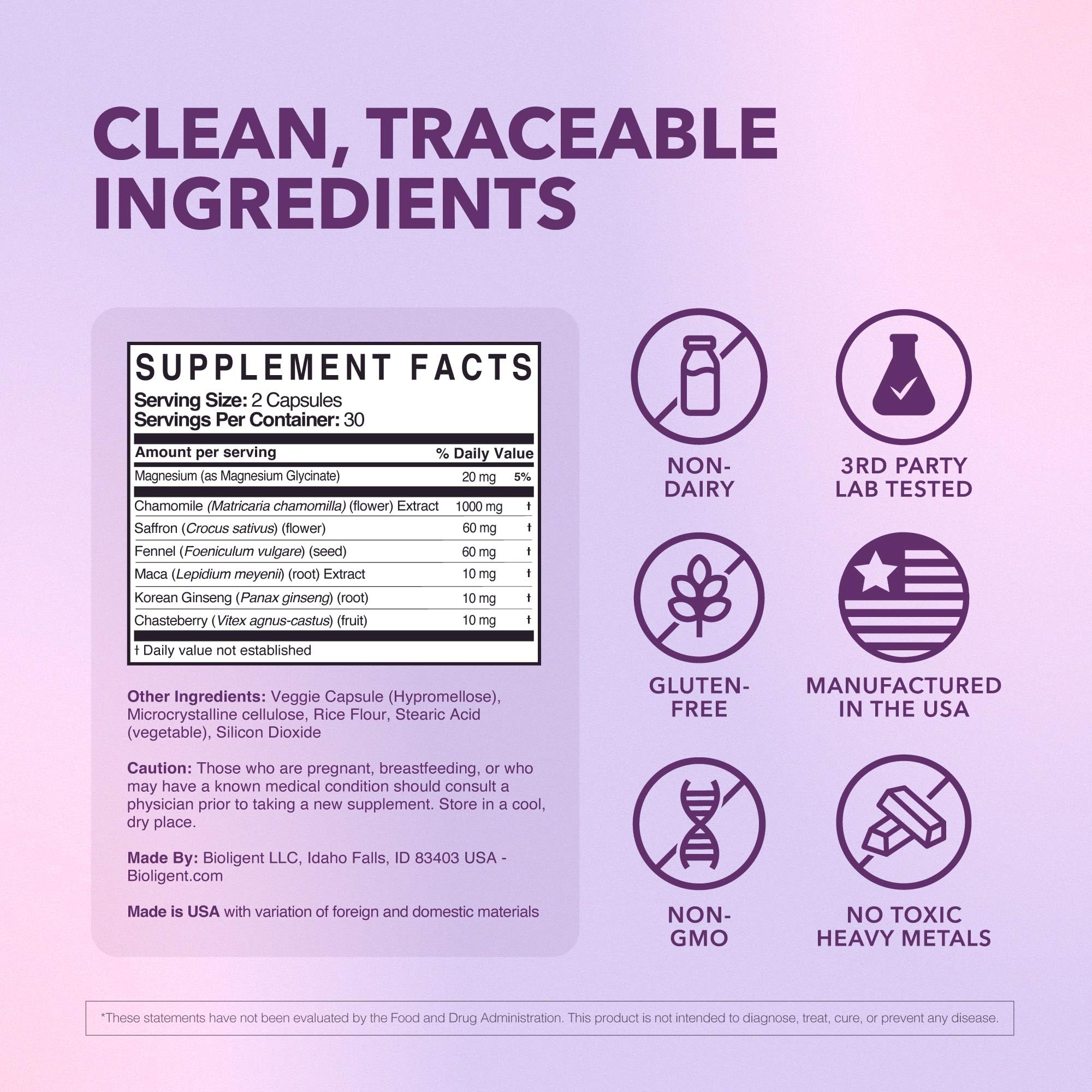 Bioligent Menopause Support Supplement for Women, Hot Flash, Sleep, Mood & Focus Support, Hormone-Free with Maca, Ginseng, Chamomile & Saffron, Non-GMO, 60 Capsules, 30 Day Supply BIOLIGENT Au supplements