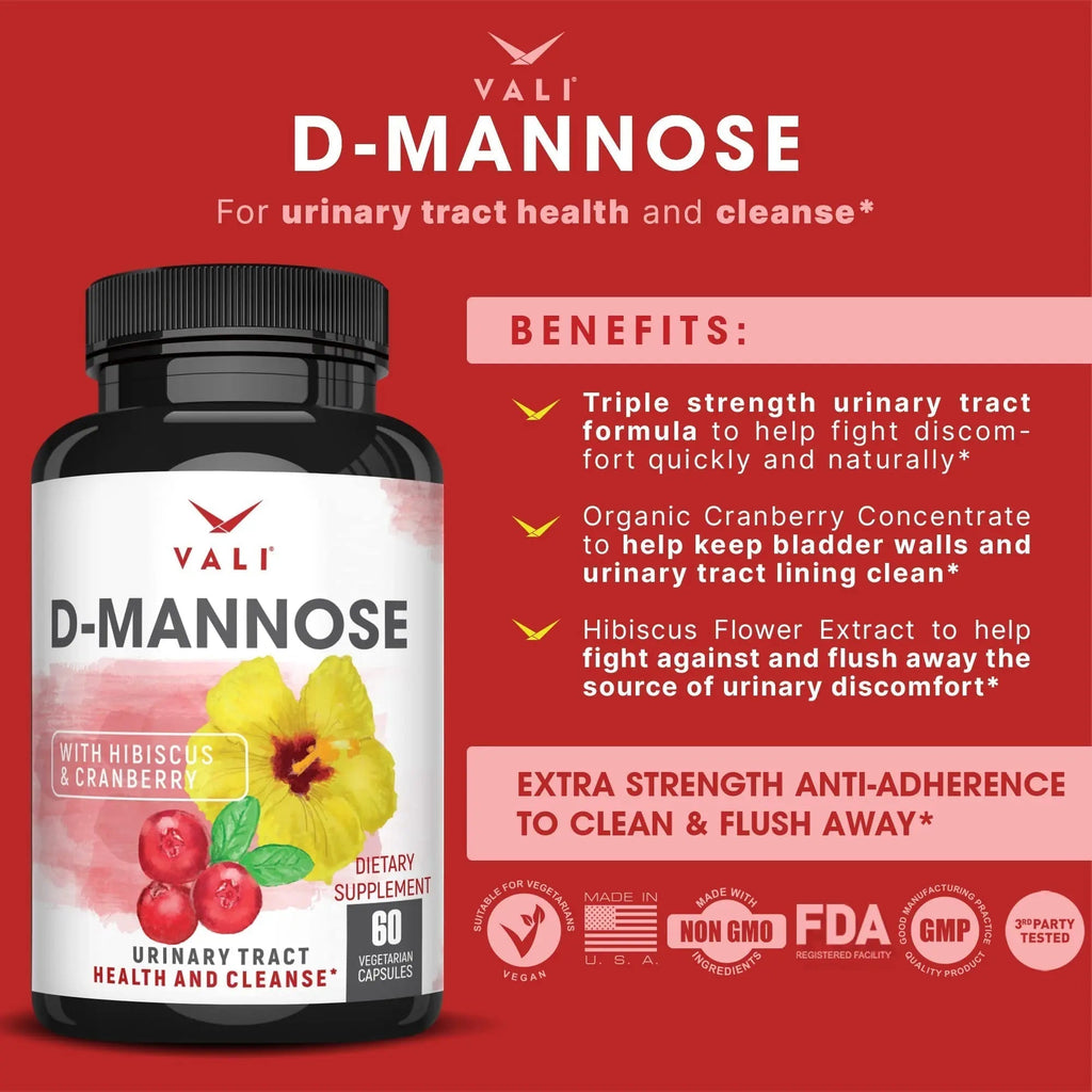 VALI D-Mannose 1000mg Urinary Tract Health Formula. Organic Cranberry Fruit Powder & Hibiscus. Healthy Bladder, Natural Cleanse, Fast Detox Flush, Herbal UT Function Support Pills. 60 Veggie Capsules VALI Au supplements