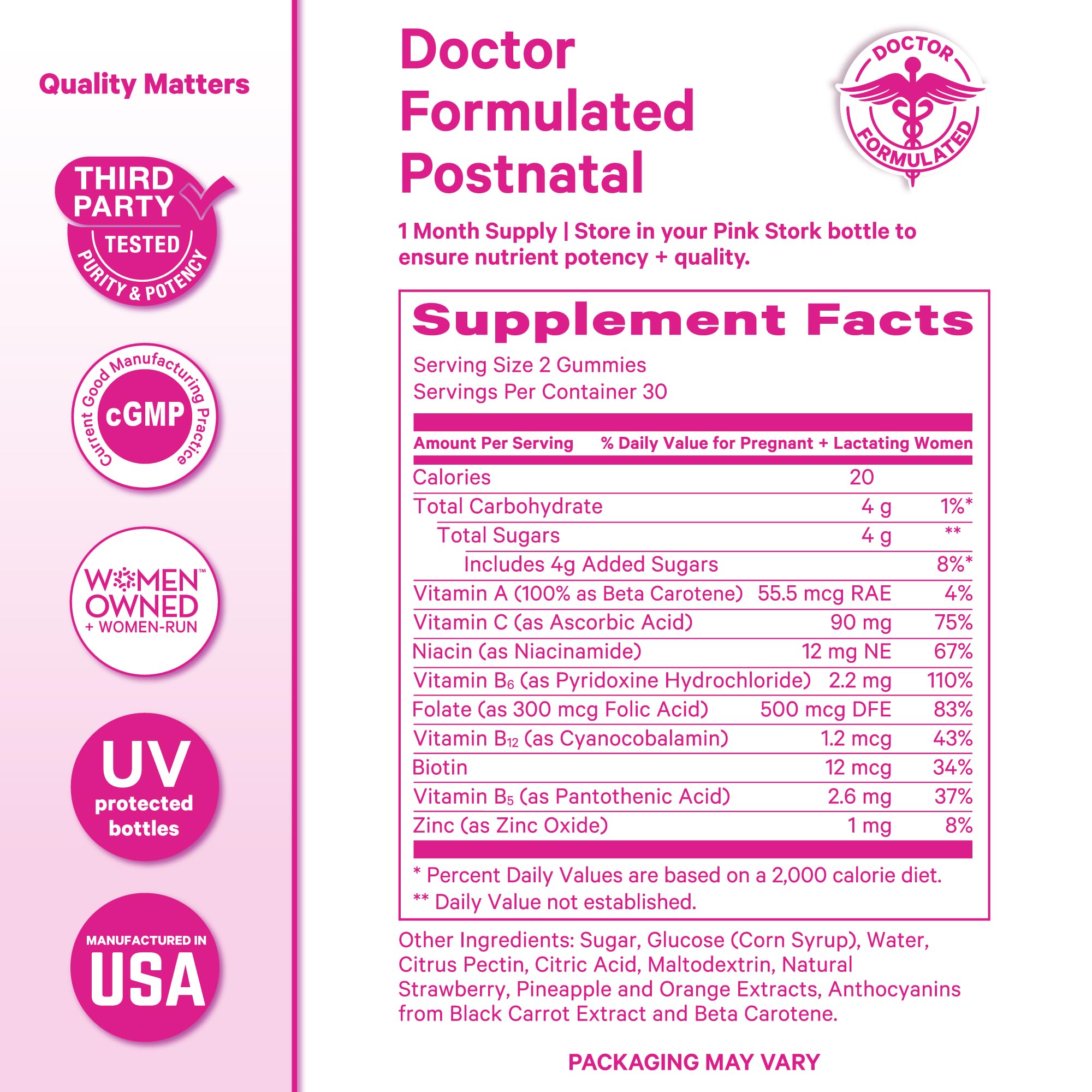 Pink Stork Total Postnatal Vitamin Gummies - Multivitamin for Postpartum Recovery and Lactation Support - Folic Acid, B6, and Vitamin C