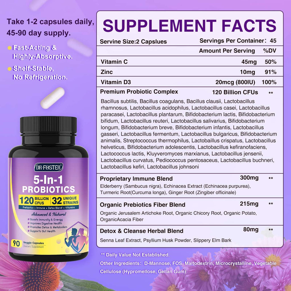 Probiotics for Women & Men Digestive Health，120 Billion CFUs, Prebiotics and Probiotics for Gut Health, D3, Zinc & Immune Support Herbs, Detox Cleanse, 45 Day - 3 Month Supply DRFOSTER Au supplements