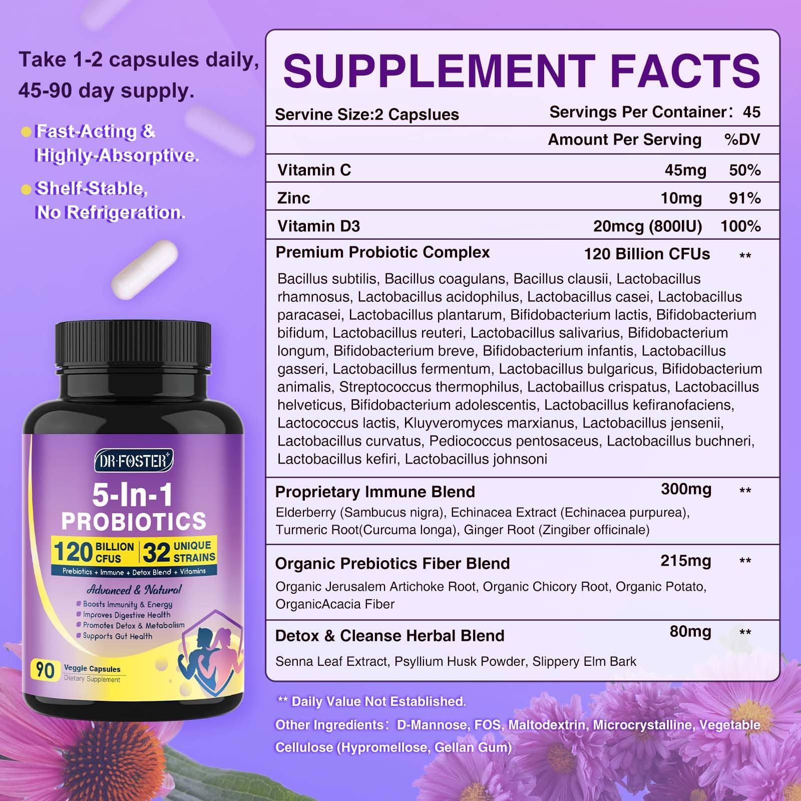 Probiotics for Women & Men Digestive Health，120 Billion CFUs, Prebiotics and Probiotics for Gut Health, D3, Zinc & Immune Support Herbs, Detox Cleanse, 45 Day - 3 Month Supply DRFOSTER Au supplements