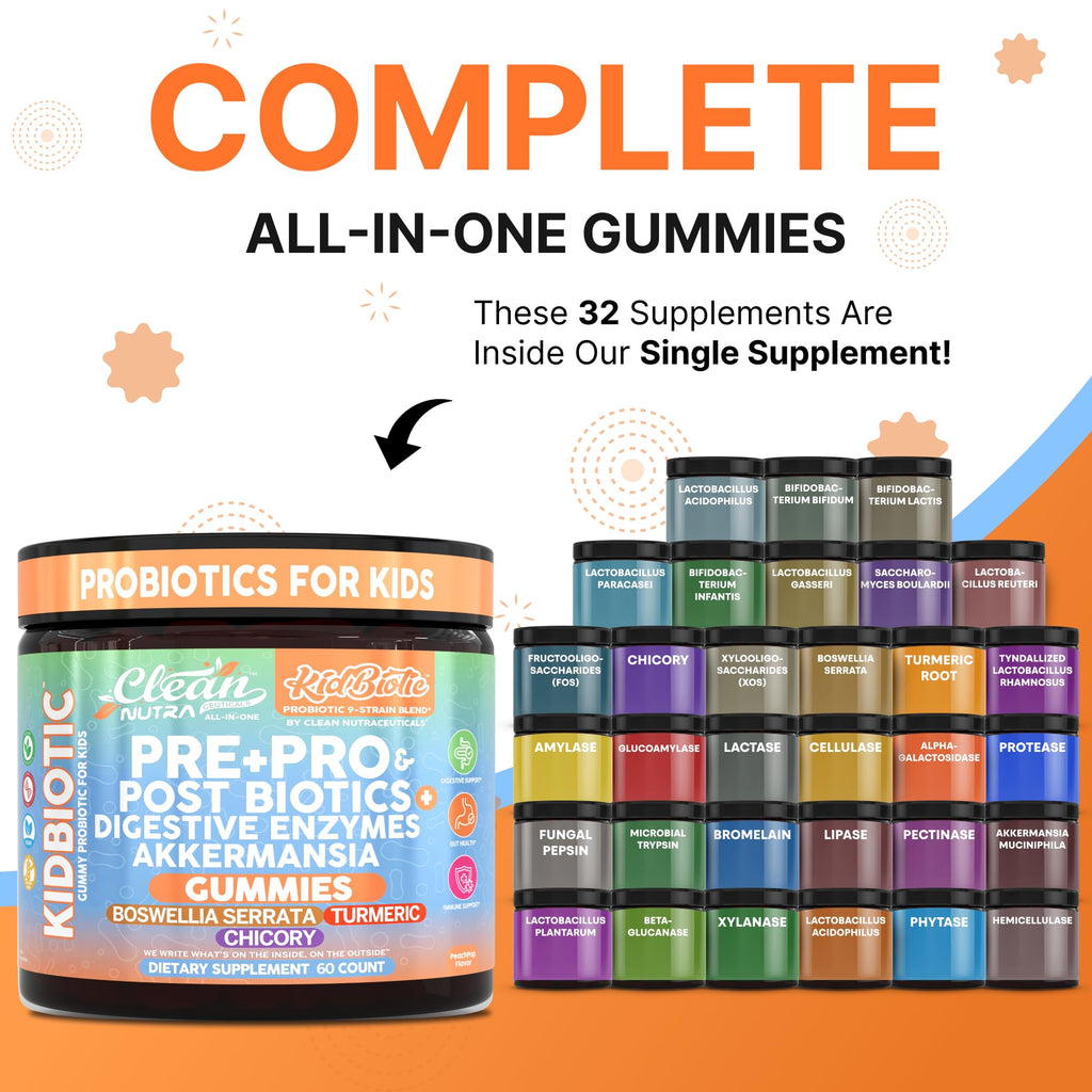 Clean Nutra Kids Probiotics Gummies with Prebiotics, Postbiotics, Digestive Enzymes, Akkermansia, Boswellia Serrata, Turmeric, Chicory – 60 Count – Plant-Based Supplement for Kids – PeachPop Flavor Clean Nutraceuticals Au supplements