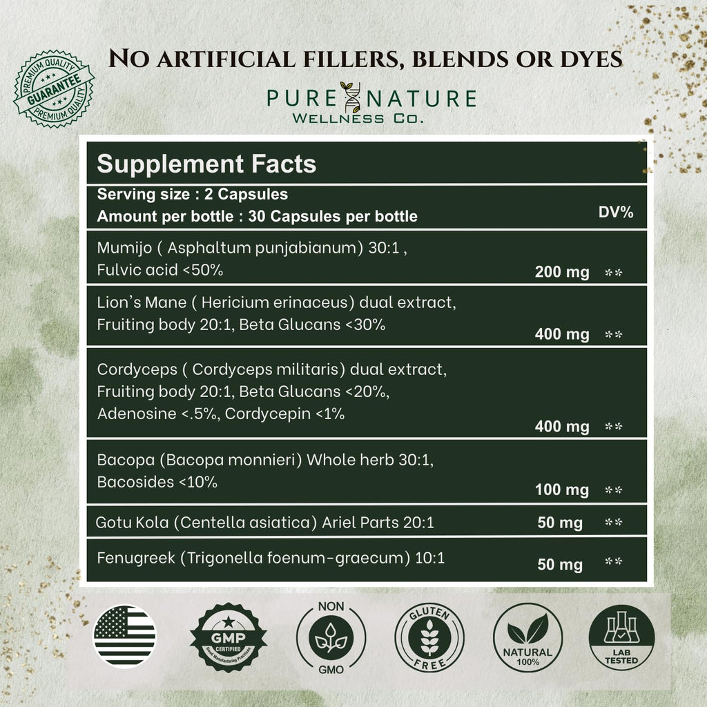 Focus + Energy + Performance Support-6-in-1 Mushroom Nootropic & Mitochondrial Complex-Advanced Brain Supplement-Natural Energy-Caffeine Free Biohack with Lion’s Mane,Cordyceps,Mumijo,Fenugreek Pure Nature Wellness Co. Au supplements