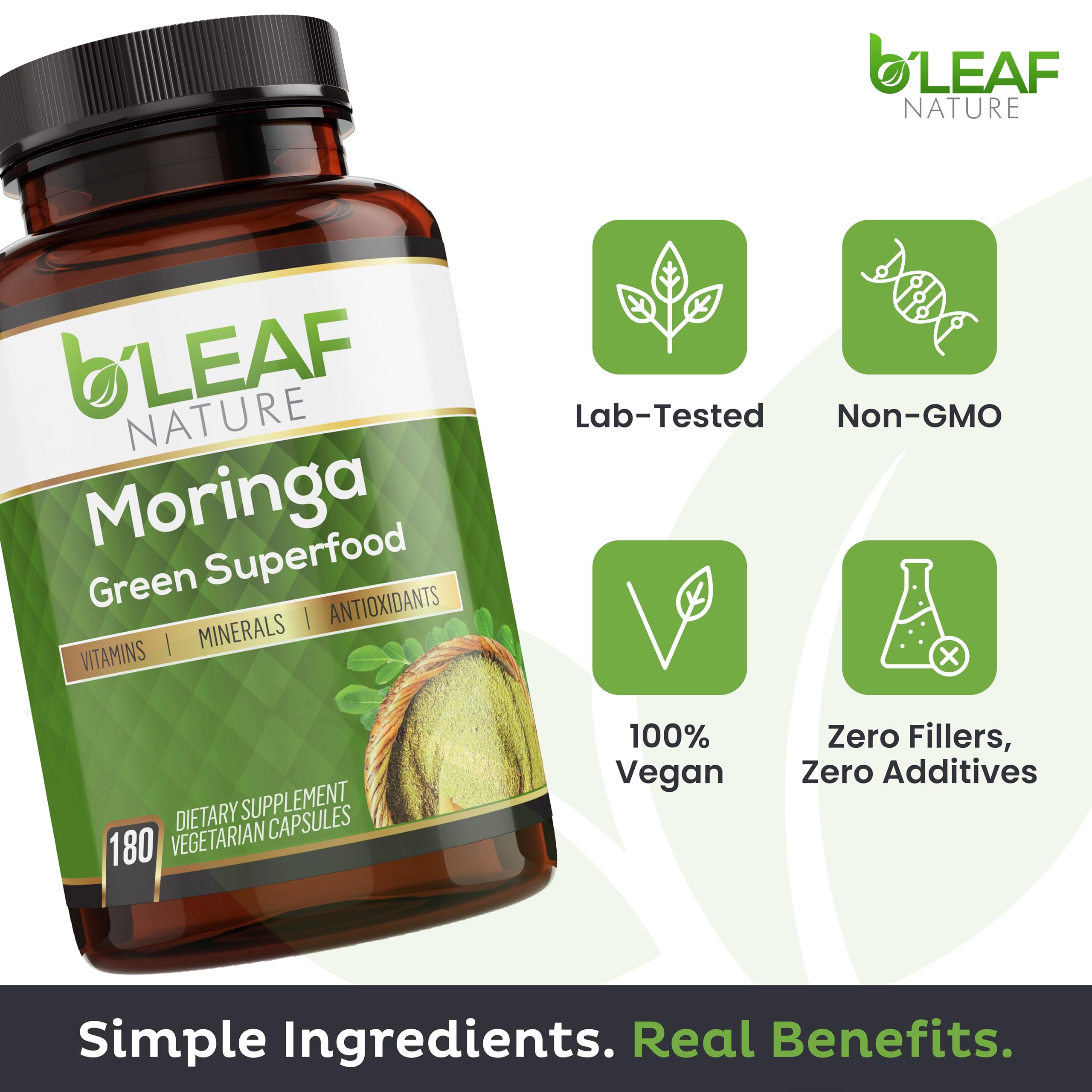 B'Leaf Nature Moringa Capsules Organic 1000mg — Pure Moringa Oleifera Leaf Powder Capsules for Energy & Immune Support