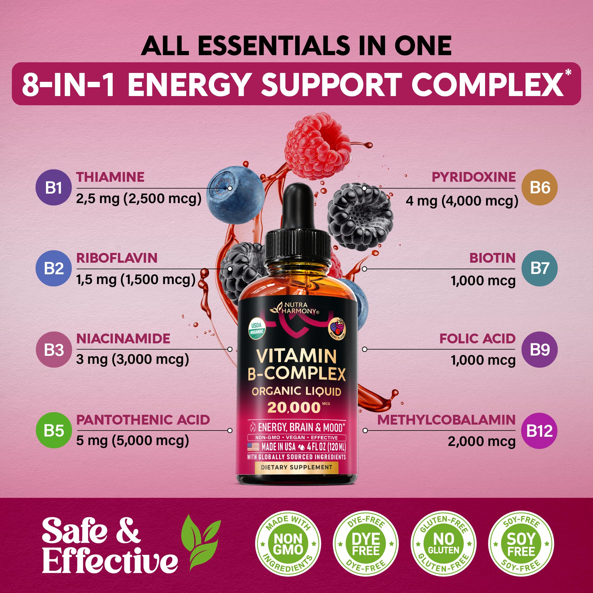 USDA Organic Vitamin B-Complex B5 Pantothenic Acid | B12 Methylcobalamin | B1 Thiamine | B6 Pyridoxine | B7 Biotin | B9 Folic | B3 Niacinamide