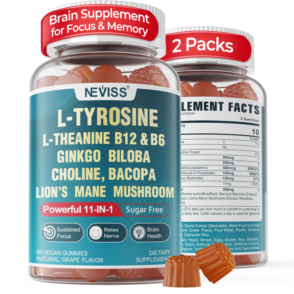 11-IN-1 Brain Supplement for Memory and Focus with L-Tyrosine L-Theanine, Methylated B12 & B6, Lion's Mane Mushroom, Ginkgo Biloba, Bacopa Monnieri, Choline for Focus, Nootropic, Energy, 2Packs NEVISS Au supplements