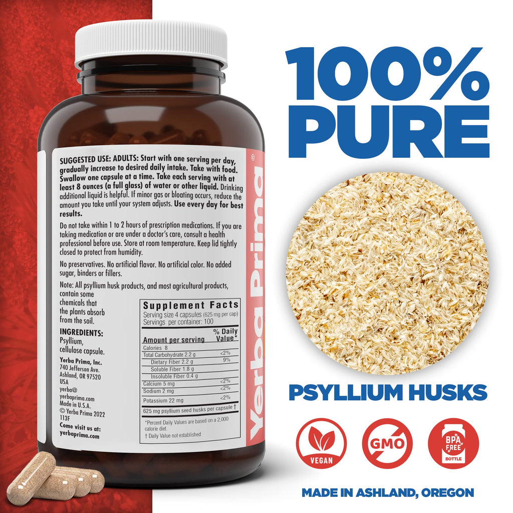 Yerba Prima Psyllium Husks Veg Caps, 400 Capsules (625mg) - Vegan, Non-GMO, Gluten Free, Colon Cleanser
