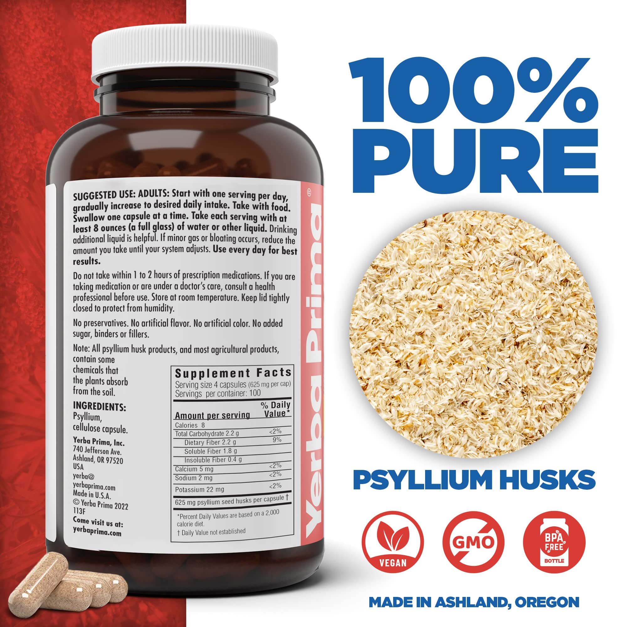 Yerba Prima Psyllium Husks Veg Caps, 400 Capsules (625mg) - Vegan, Non-GMO, Gluten Free, Colon Cleanser
