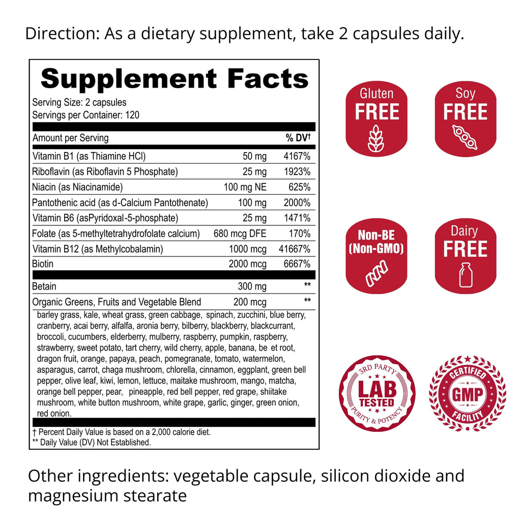 UpNourish Methylated B Complex Vitamins for Women and Men, 240 Veggies Capsules - Active Pure B Complex with Organic Fruits, Vegetables, B1 Thiamine, B2 Riboflavin,