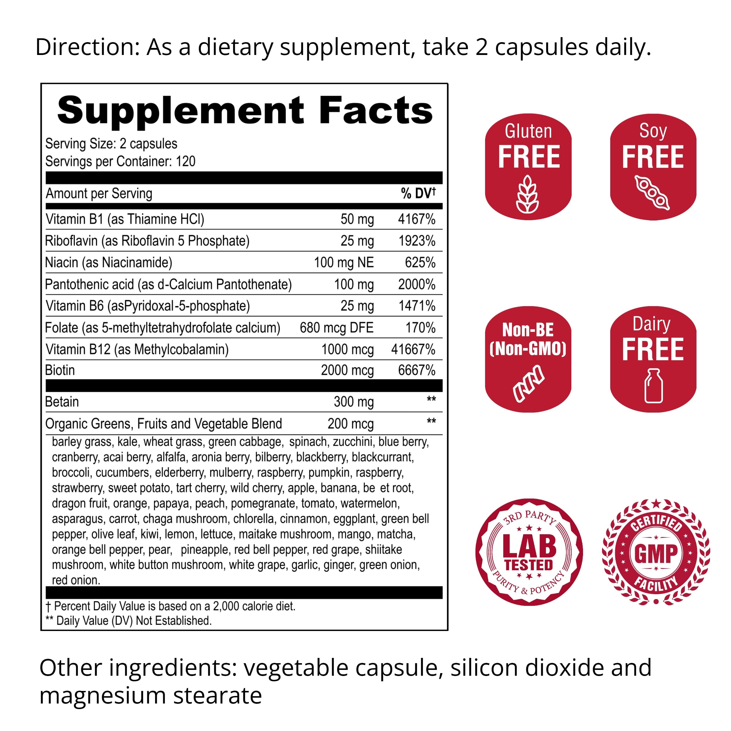 UpNourish Methylated B Complex Vitamins for Women and Men, 240 Veggies Capsules - Active Pure B Complex with Organic Fruits, Vegetables, B1 Thiamine, B2 Riboflavin,